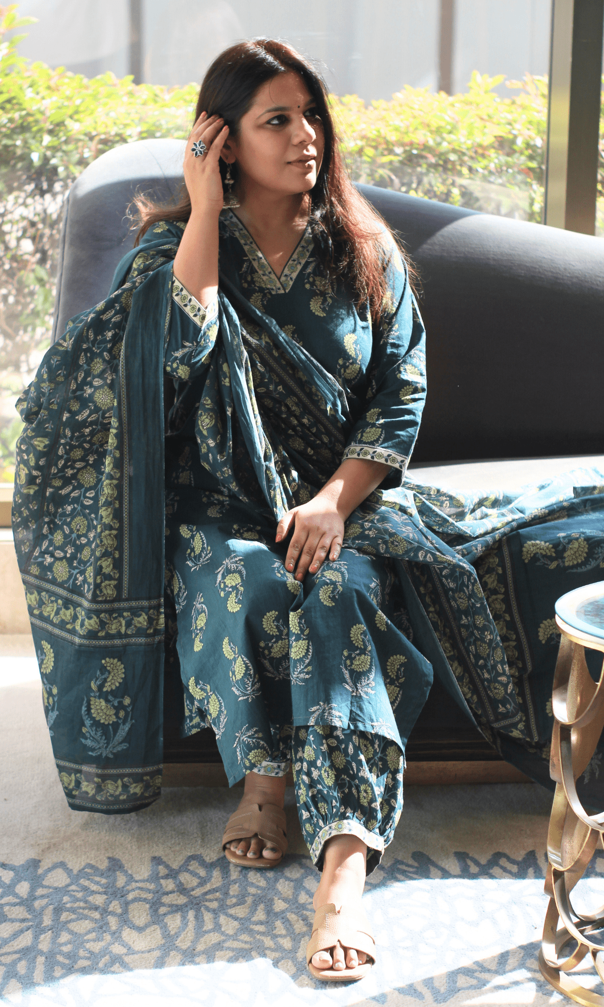 Cotton Green Lime Mughal Print kurta with Afghani Pant & Cotton Printed Dupatta - Baareeki