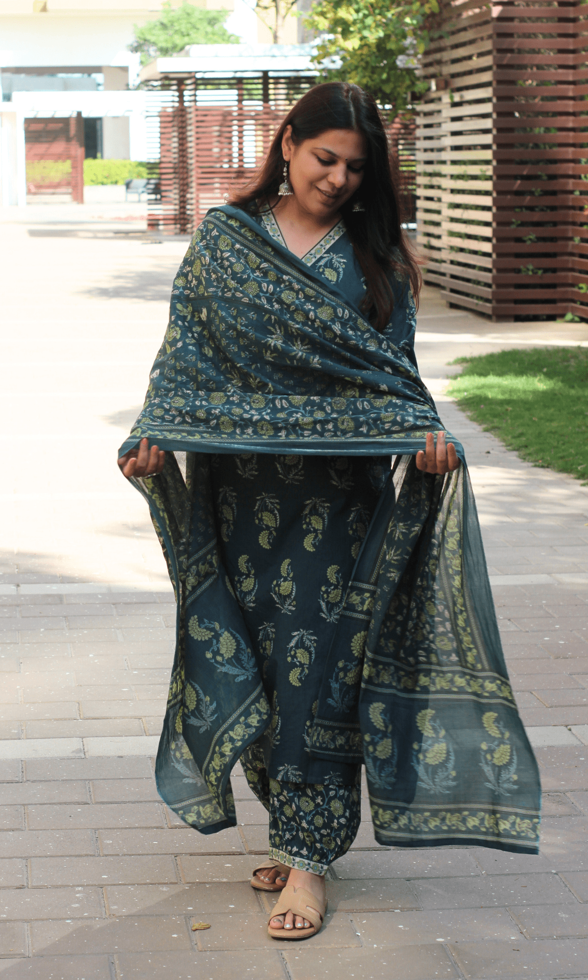 Cotton Green Lime Mughal Print kurta with Afghani Pant & Cotton Printed Dupatta - Baareeki