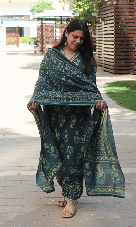 Cotton Green Lime Mughal Print kurta with Afghani Pant & Cotton Printed Dupatta - Baareeki