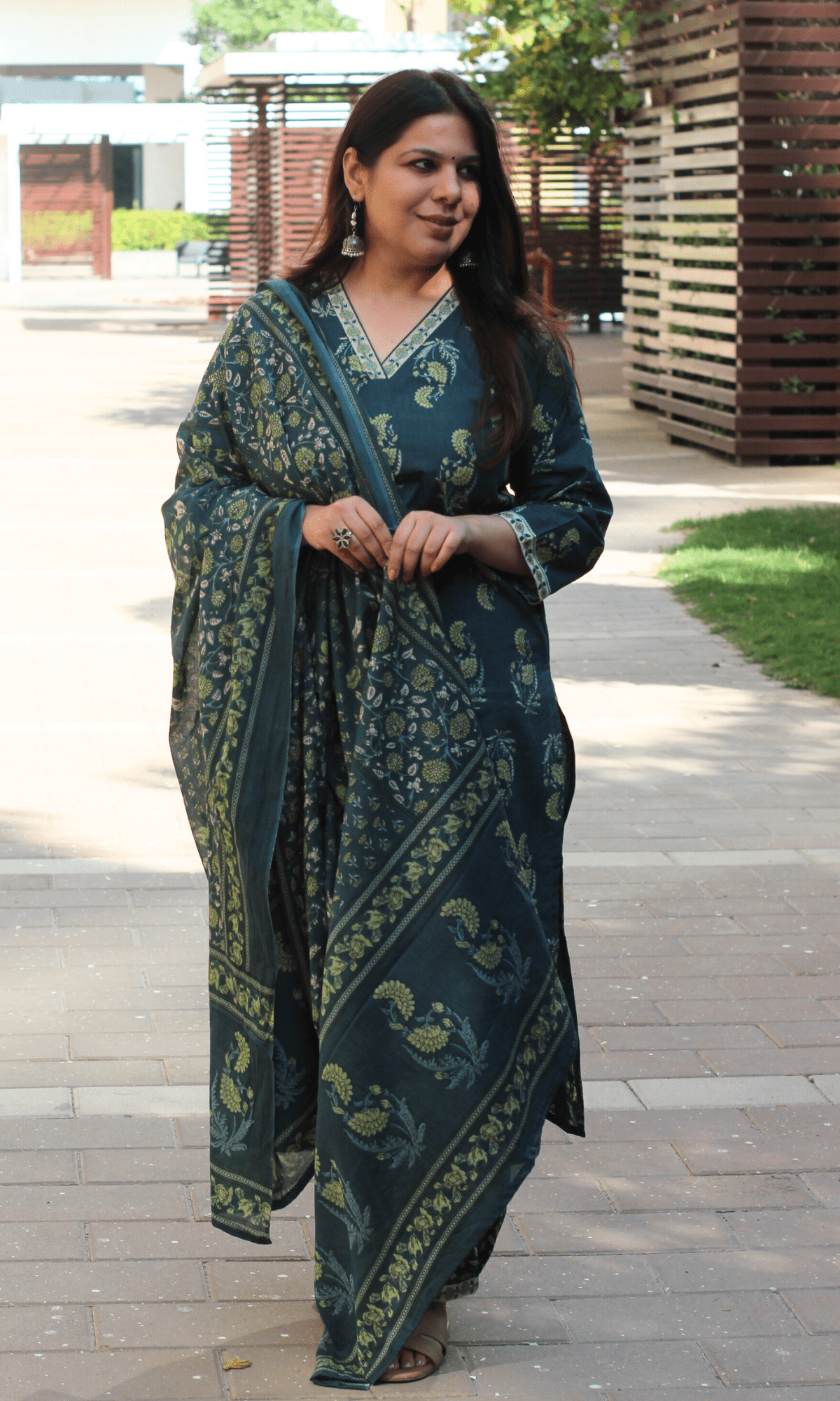 Cotton Green Lime Mughal Print kurta with Afghani Pant & Cotton Printed Dupatta - Baareeki