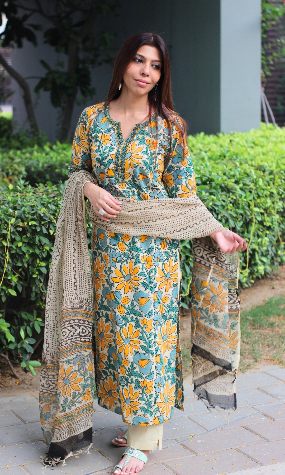 Cotton Green & Yellow Kalamkari Handblock Suit with Printed Dupatta - Baareeki