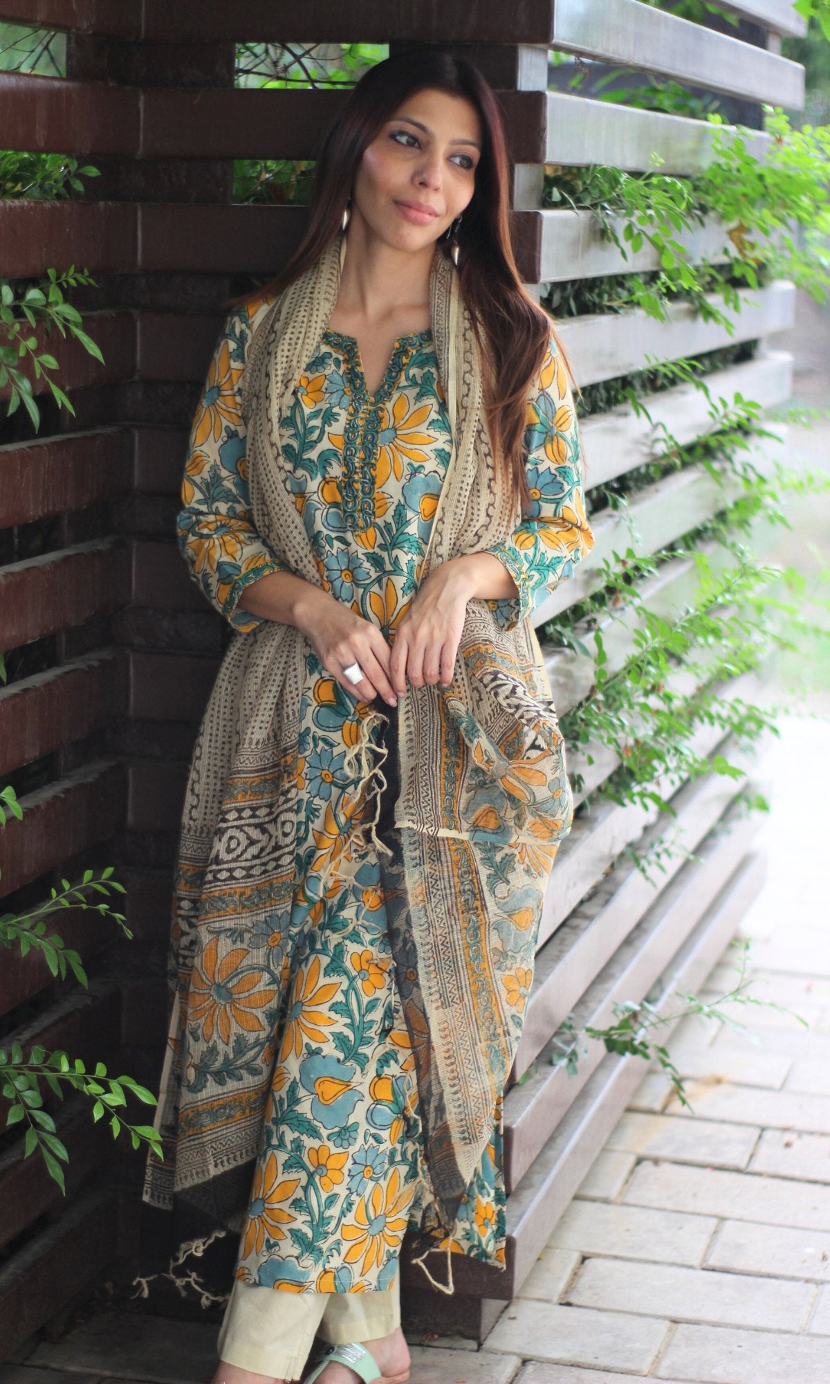 Cotton Green & Yellow Kalamkari Handblock Suit with Printed Dupatta - Baareeki
