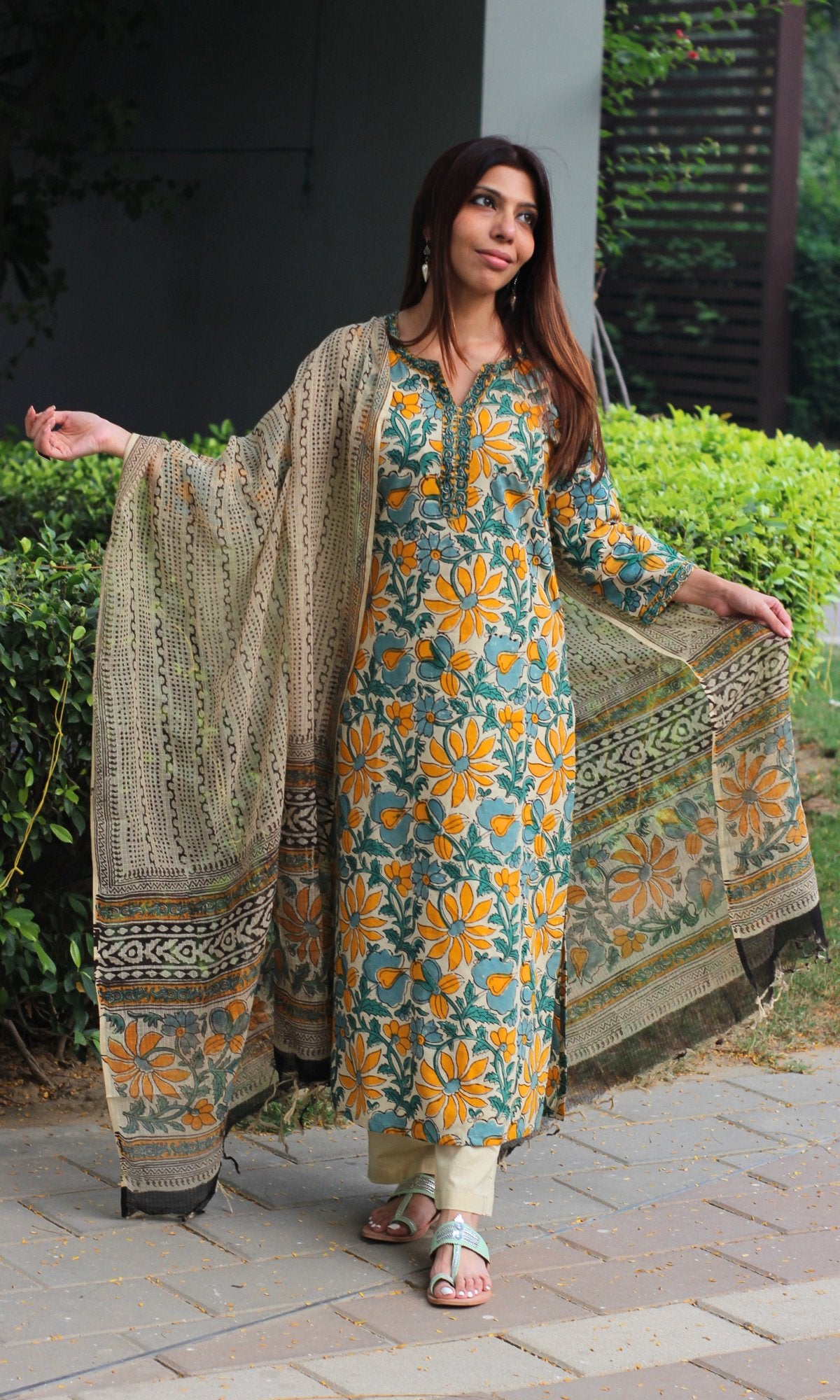 Cotton Green & Yellow Kalamkari Handblock Suit with Printed Dupatta - Baareeki