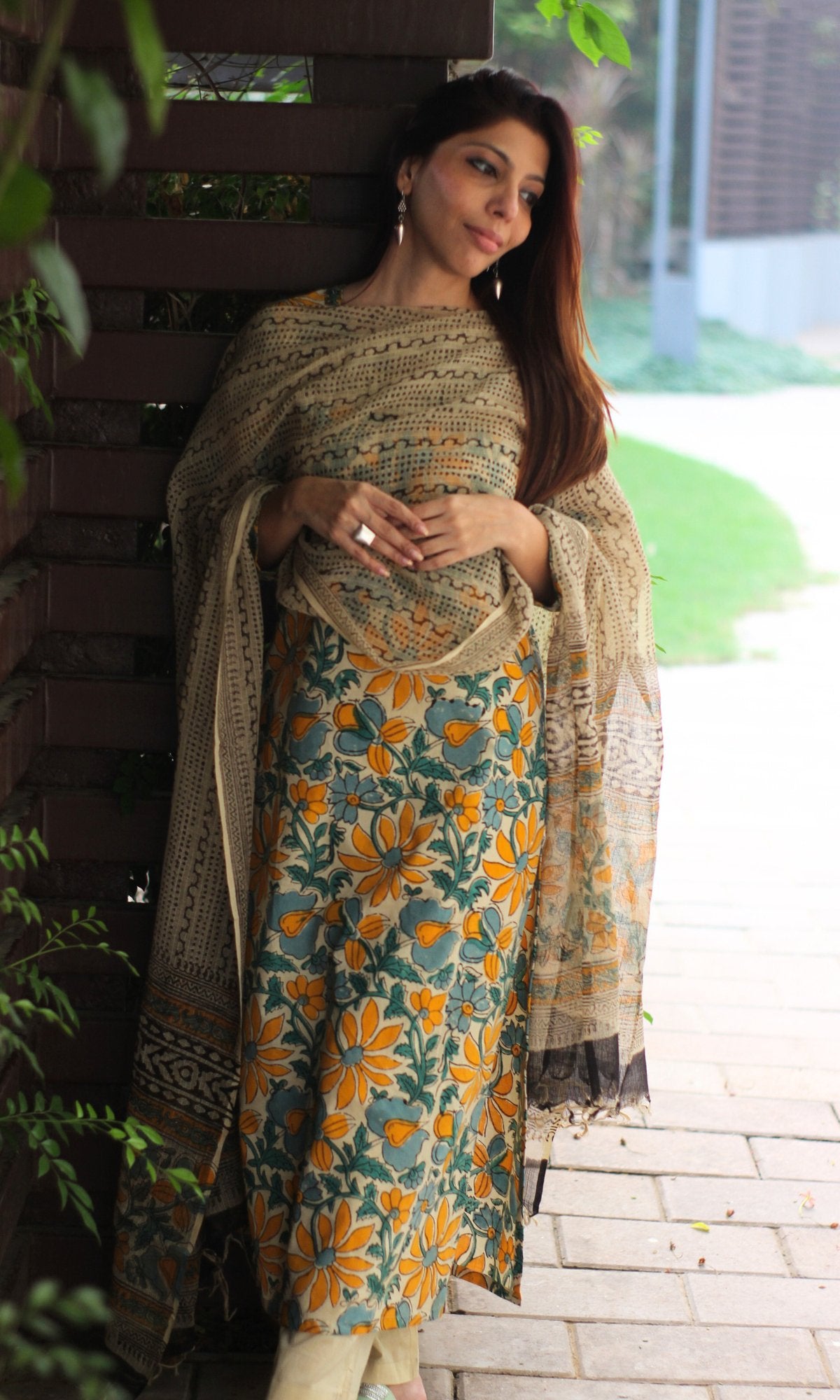 Cotton Green & Yellow Kalamkari Handblock Suit with Printed Dupatta - Baareeki