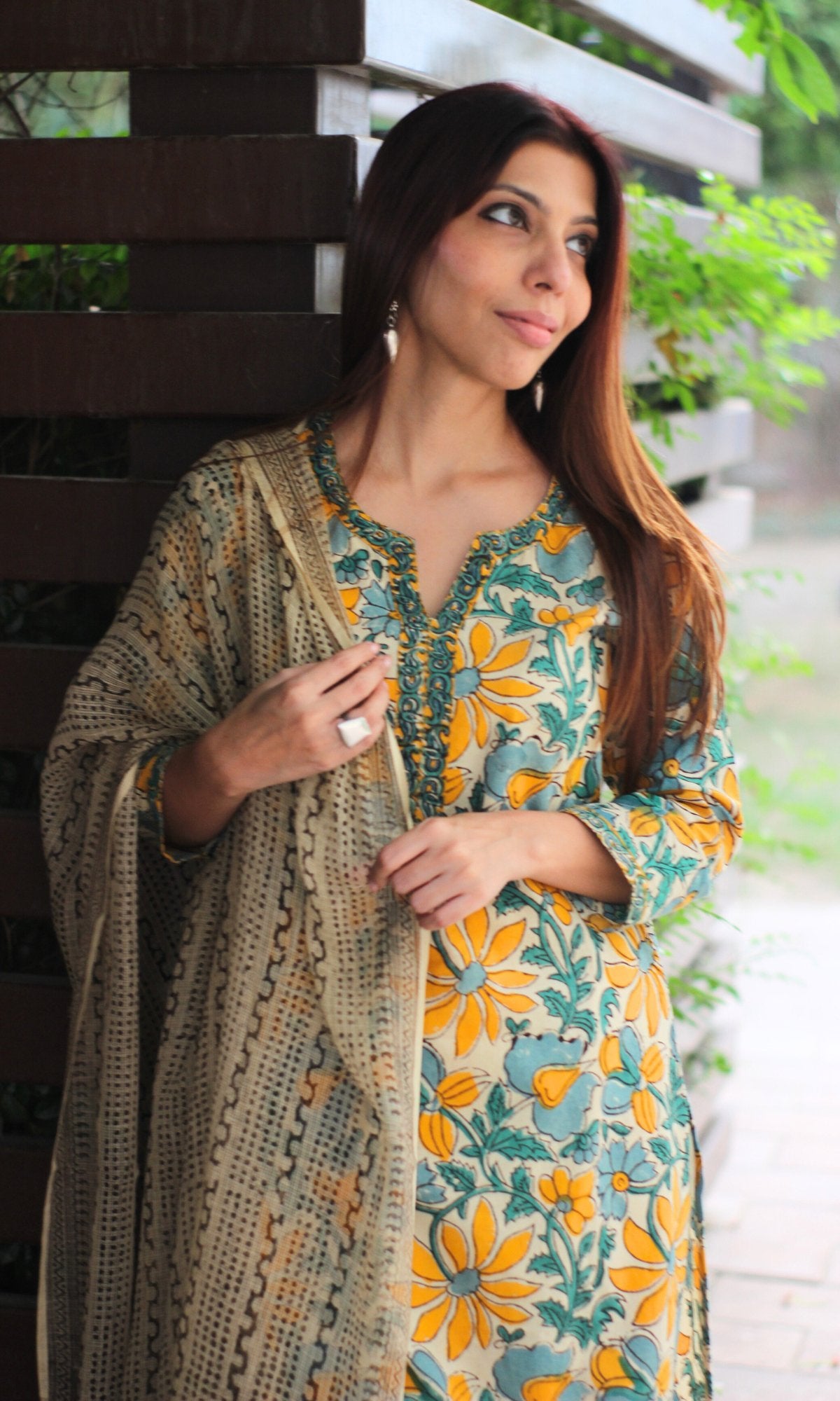 Cotton Green & Yellow Kalamkari Handblock Suit with Printed Dupatta - Baareeki