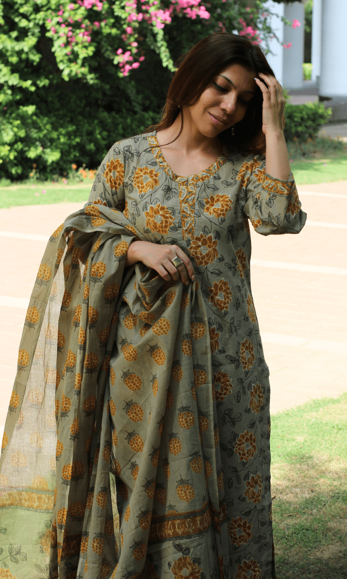 Cotton Greige & Yellow Floral Print Suit with Printed Dupatta - Baareeki