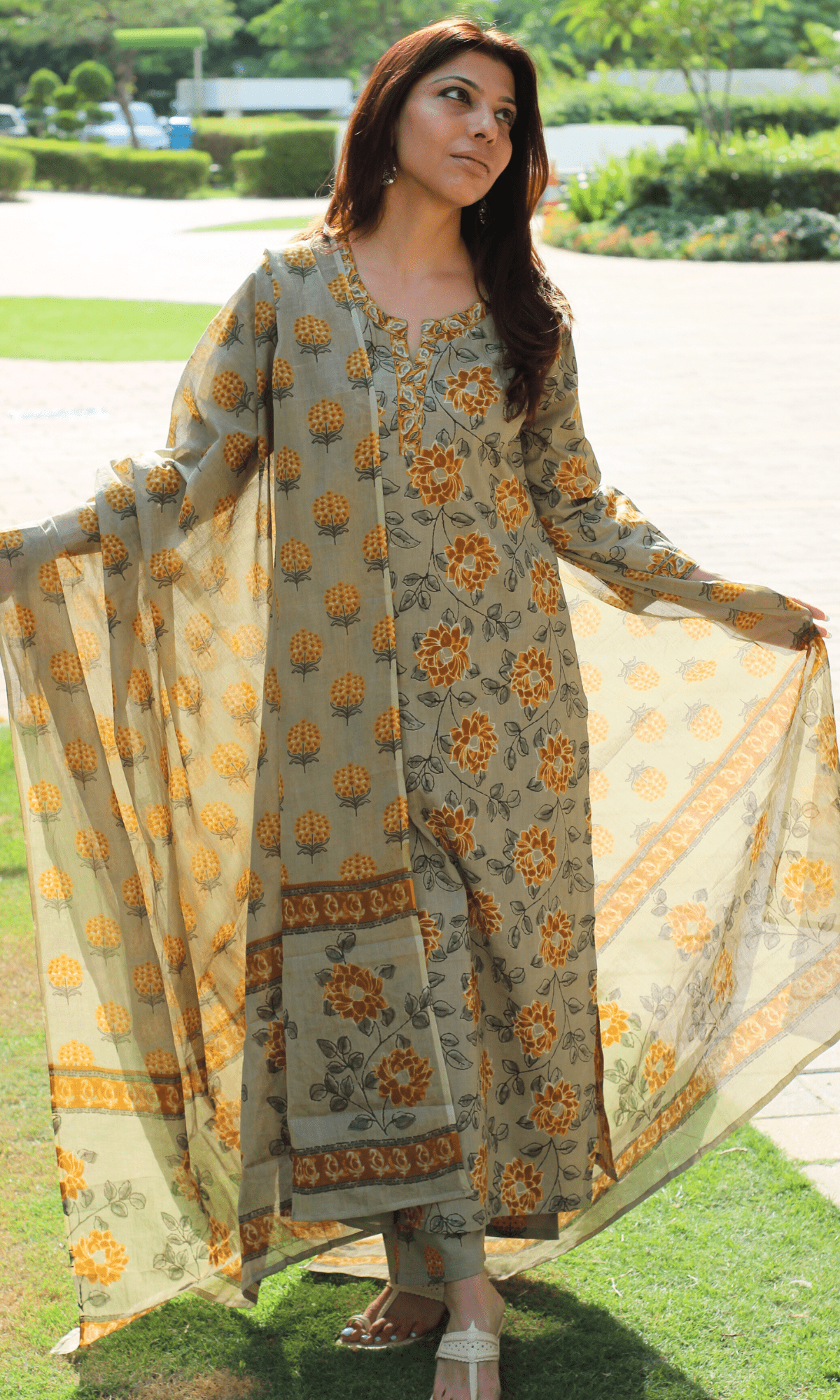 Cotton Greige & Yellow Floral Print Suit with Printed Dupatta - Baareeki