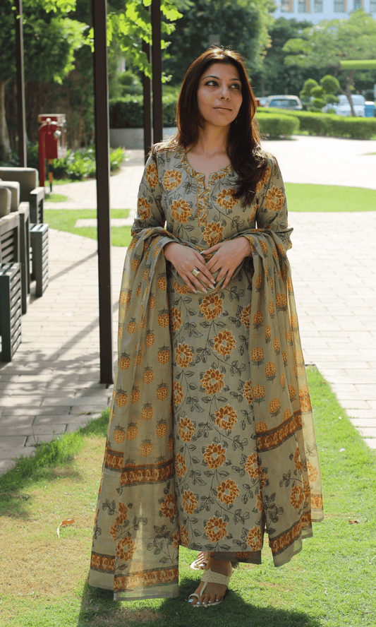 Cotton Greige & Yellow Floral Print Suit with Printed Dupatta - Baareeki