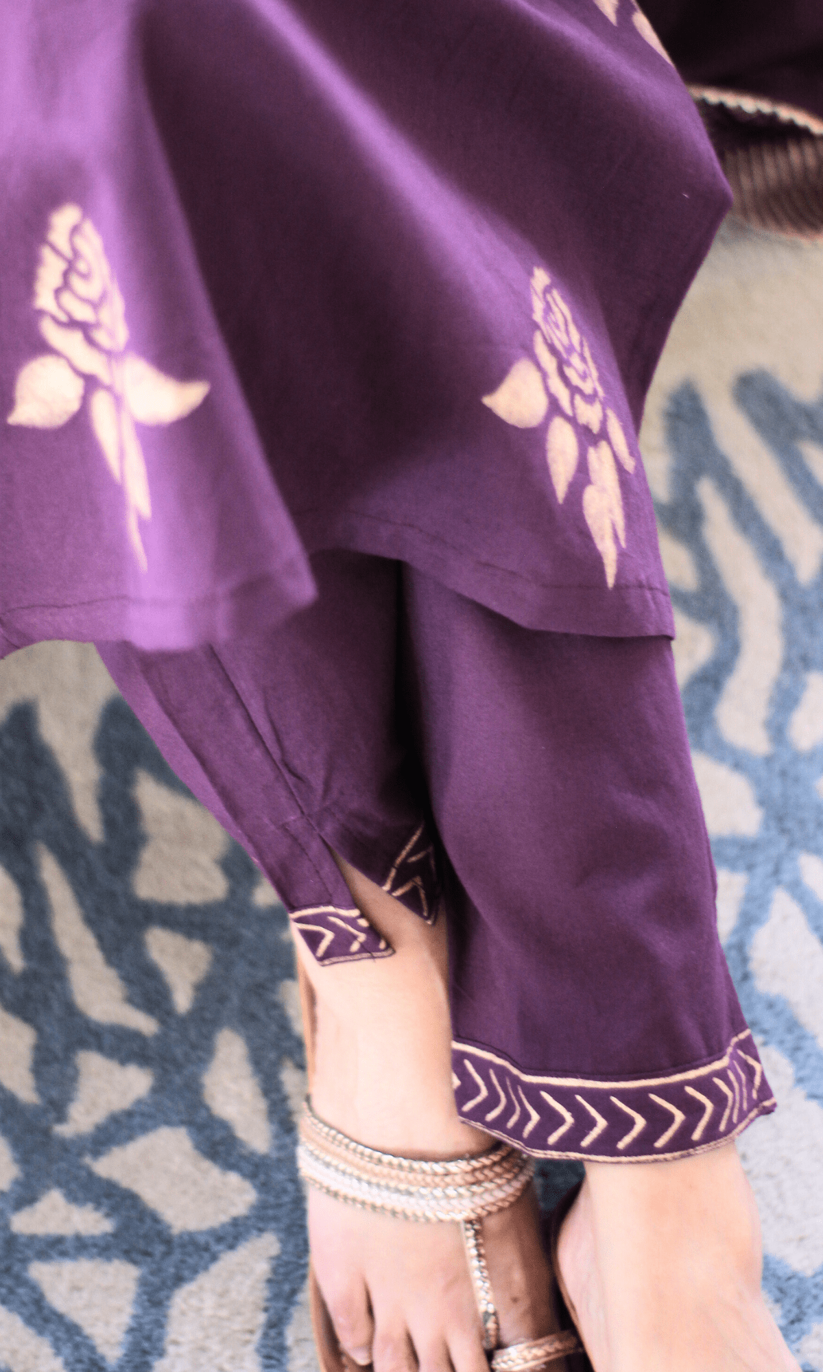 Cotton Hand Block Plum Gold Mughal Print Suit with Chiffon Printed Laced Dupatta - Baareeki