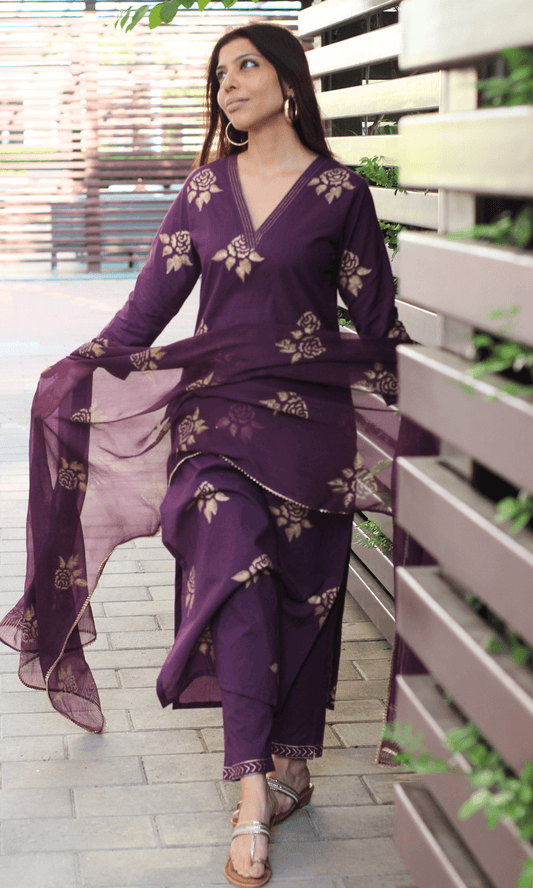 Cotton Hand Block Plum Gold Mughal Print Suit with Chiffon Printed Laced Dupatta - Baareeki