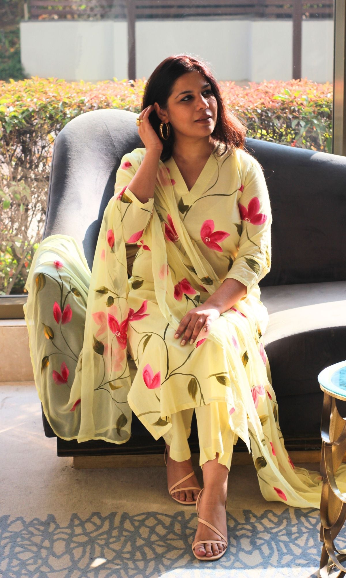 Cotton Hand Brush Pale Lemon Suit with Chiffon Dupatta - Baareeki