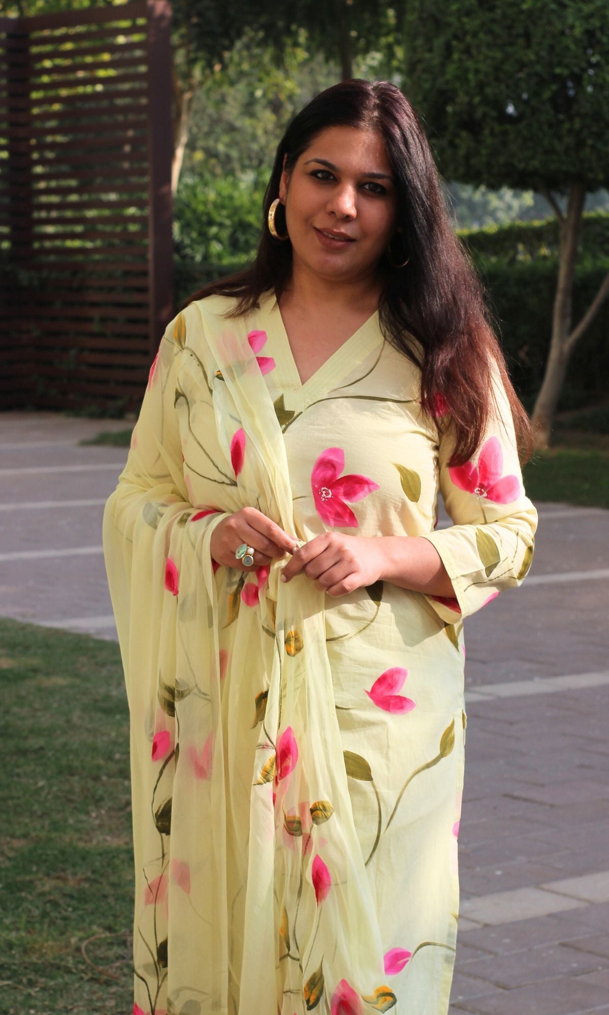 Cotton Hand Brush Pale Lemon Suit with Chiffon Dupatta - Baareeki