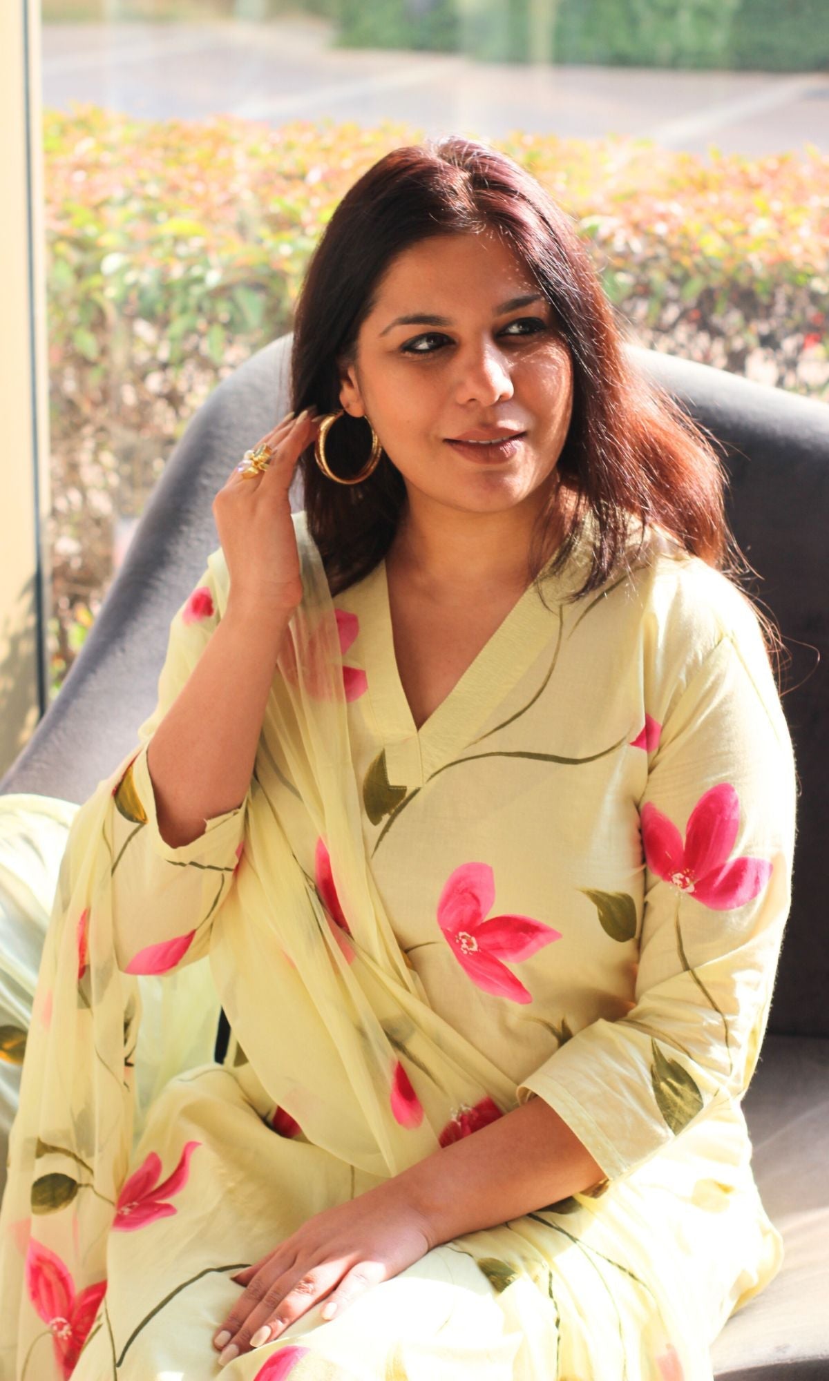 Cotton Hand Brush Pale Lemon Suit with Chiffon Dupatta - Baareeki