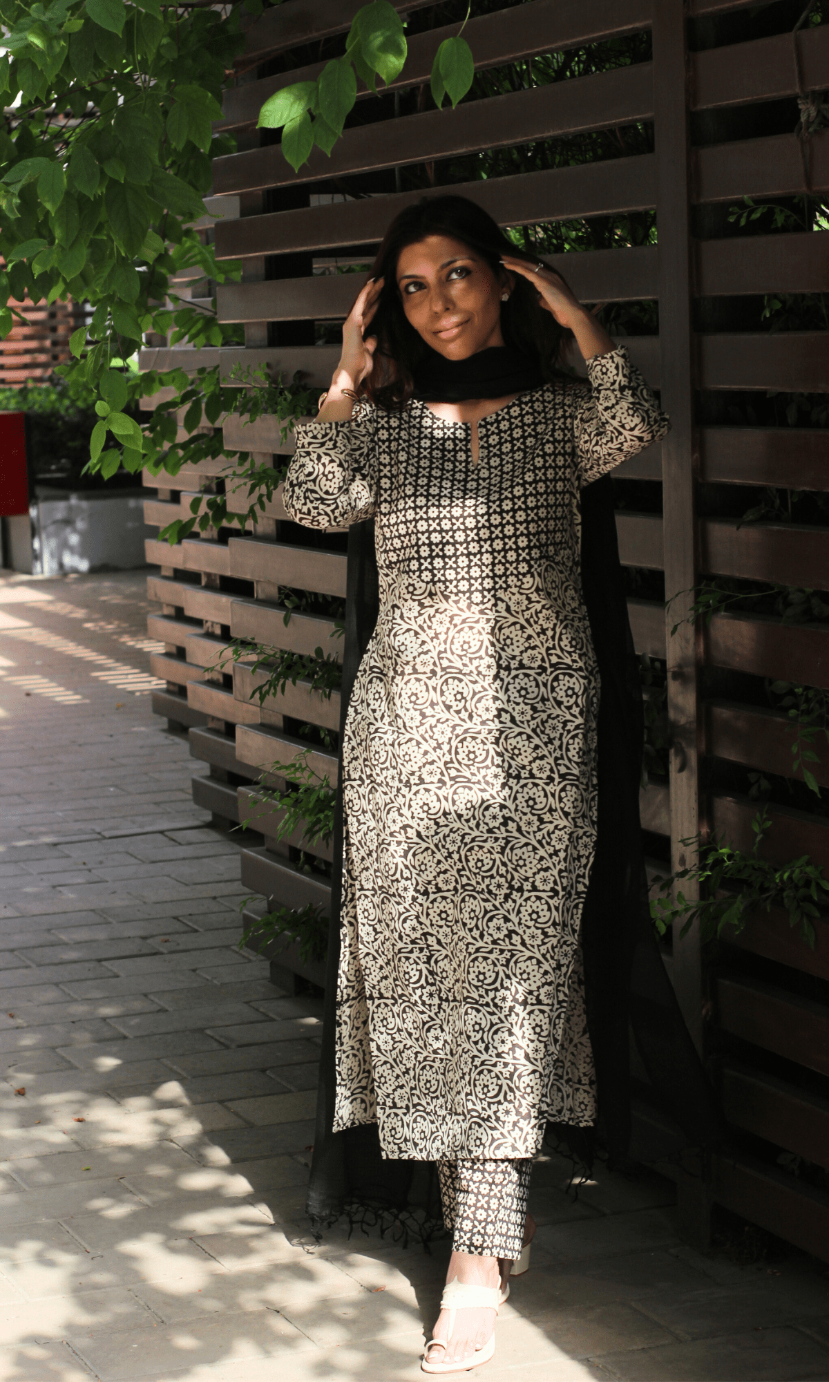 Cotton Handblock Black Bagru Print Suit with Kota Doria Dupatta - Baareeki