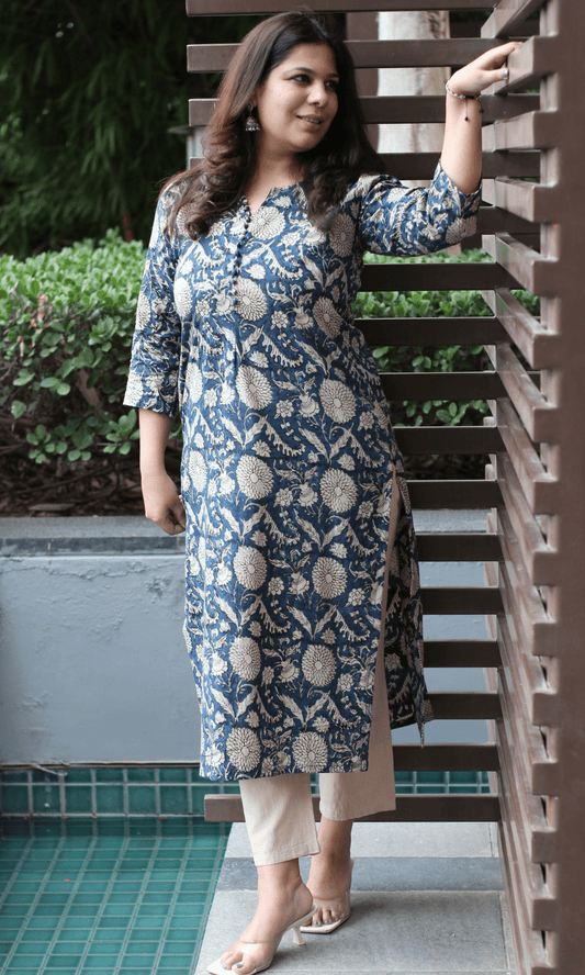 Cotton Handblock Blue Kalamkari Kurta - Baareeki