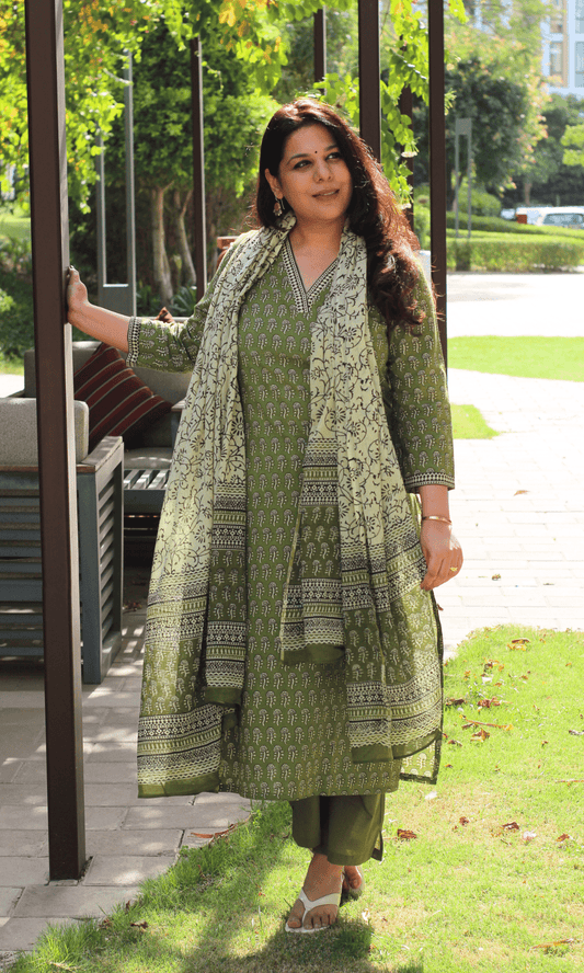 Cotton Handblock Earthy Sage Suit with Mul Printed Dupatta - Baareeki