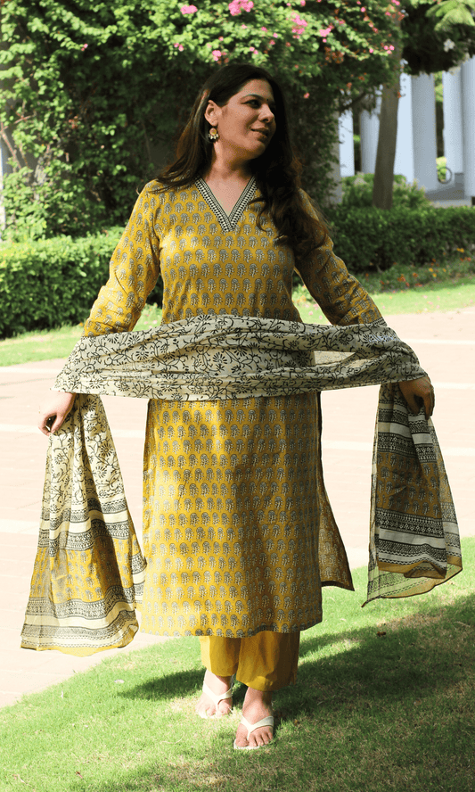 Cotton Handblock Earthy Yellow Suit with Mul Printed Dupatta - Baareeki