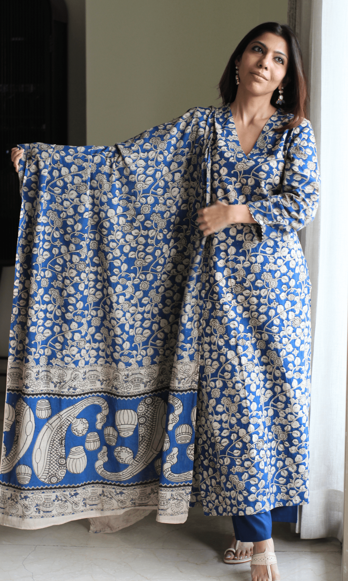 Cotton Handblock Egyptian Blue Kurta & Dupatta with Cotton Pants - Baareeki