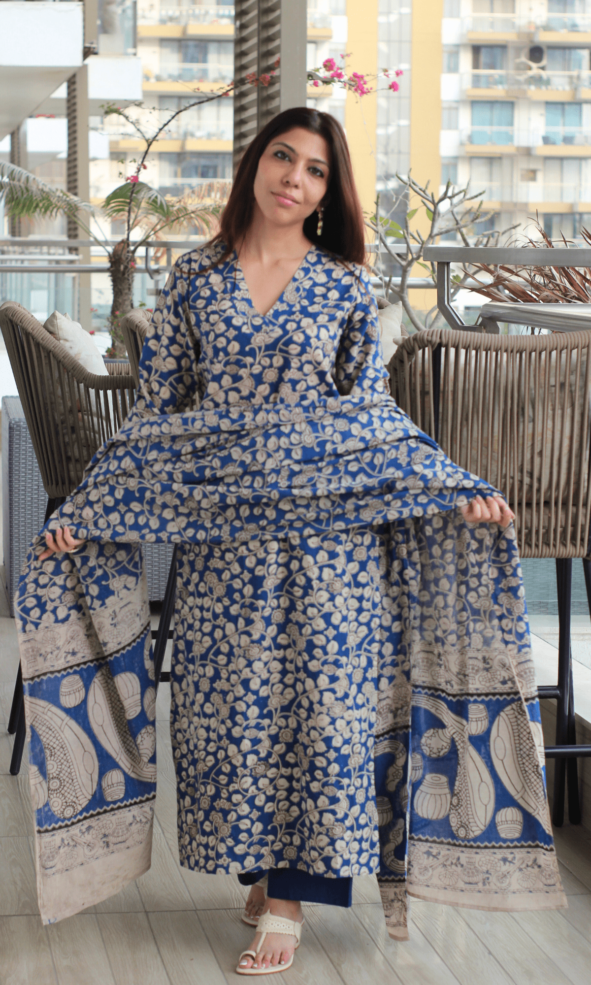 Cotton Handblock Egyptian Blue Kurta & Dupatta with Cotton Pants - Baareeki