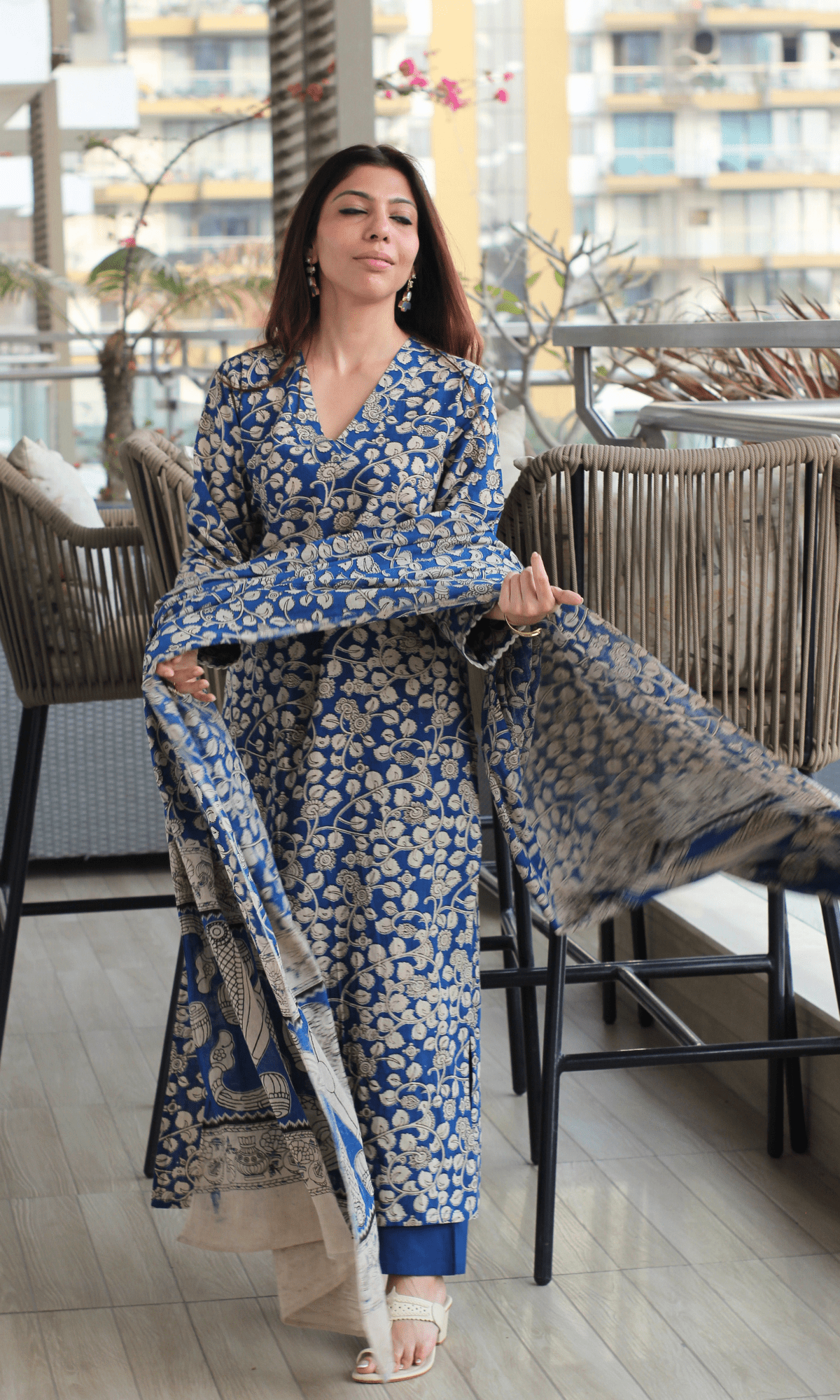 Cotton Handblock Egyptian Blue Kurta & Dupatta with Cotton Pants - Baareeki