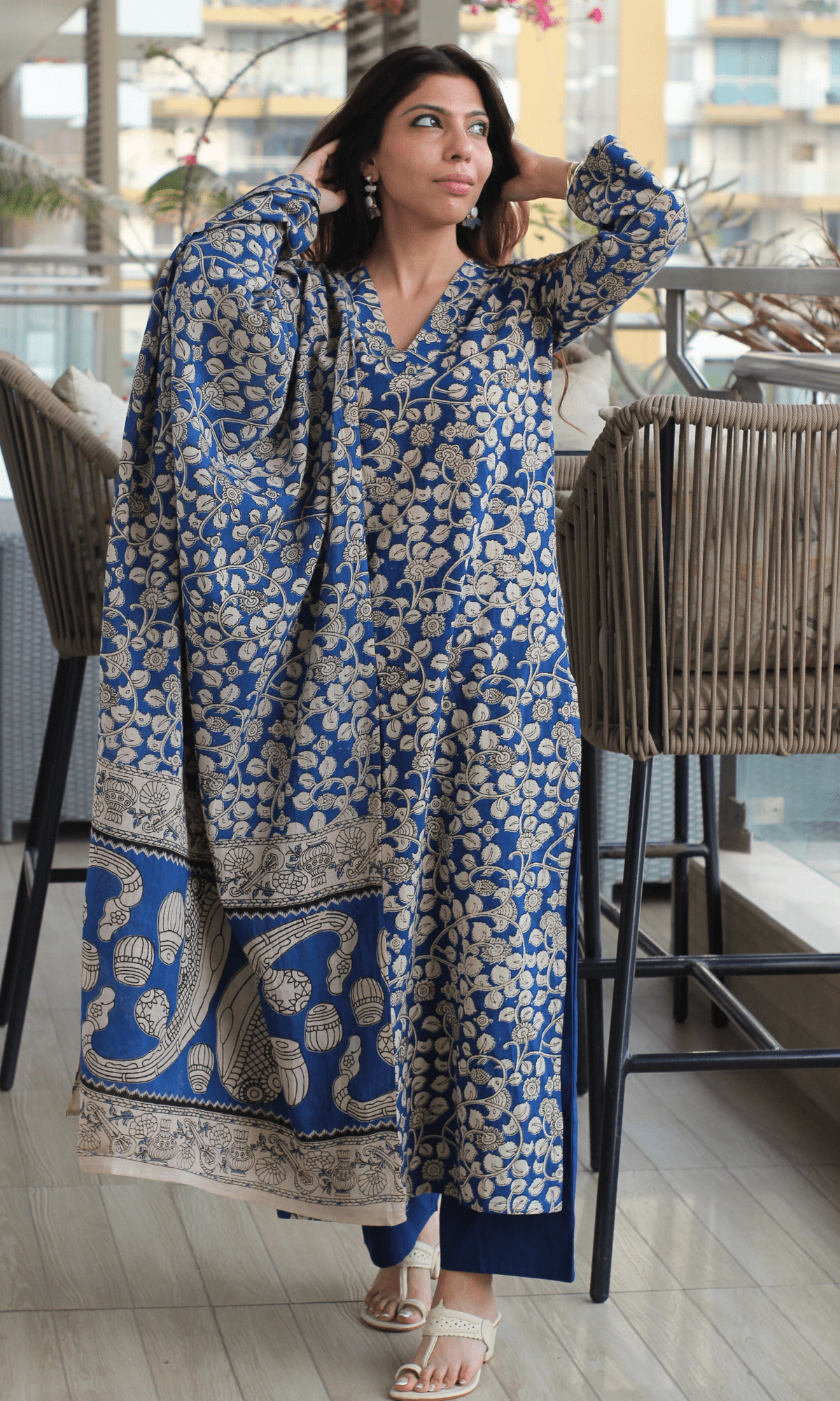 Cotton Handblock Egyptian Blue Kurta & Dupatta with Cotton Pants - Baareeki