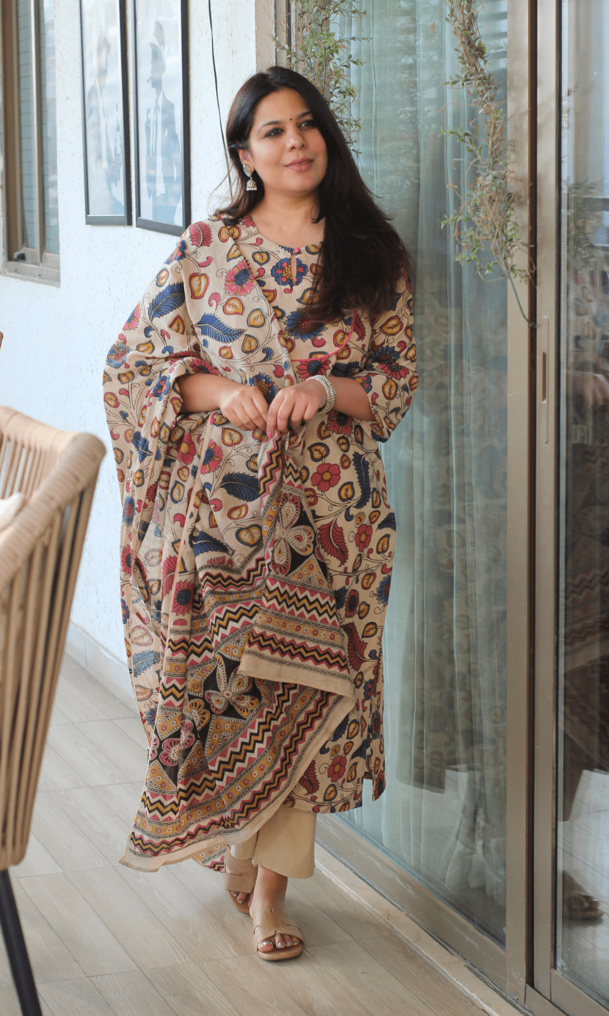 Cotton Handblock Kalamkari Beige & Pink Story Kurta & Dupatta - Baareeki