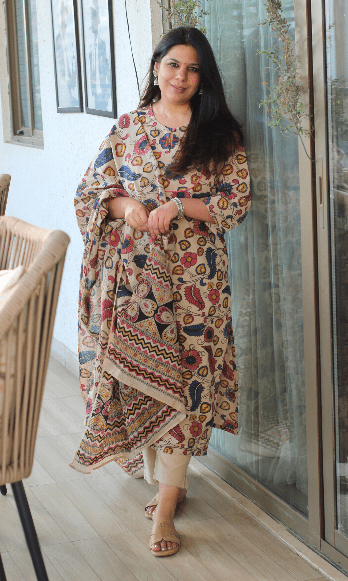 Cotton Handblock Kalamkari Beige & Pink Story Kurta & Dupatta - Baareeki