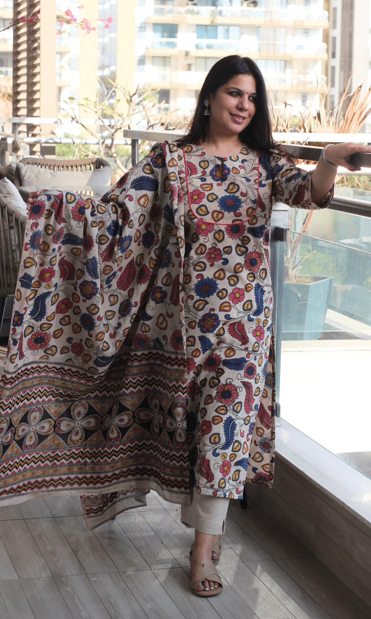 Cotton Handblock Kalamkari Beige & Pink Story Kurta & Dupatta - Baareeki