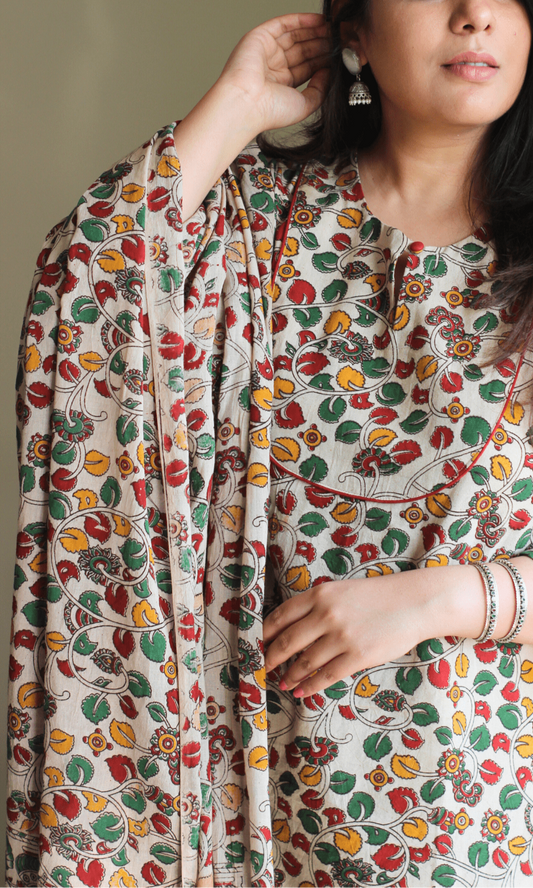 Cotton Handblock Kalamkari Beige & Red Story Kurta & Dupatta - Baareeki
