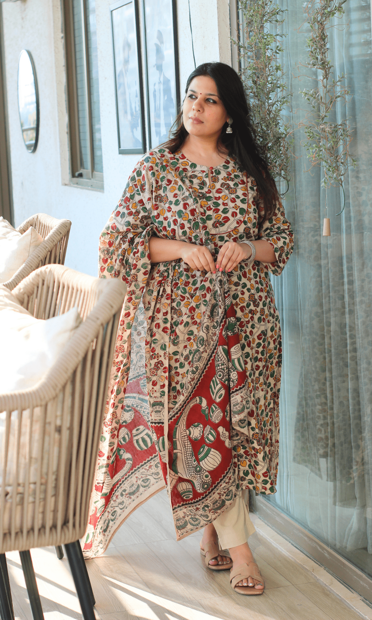 Cotton Handblock Kalamkari Beige & Red Story Kurta & Dupatta - Baareeki