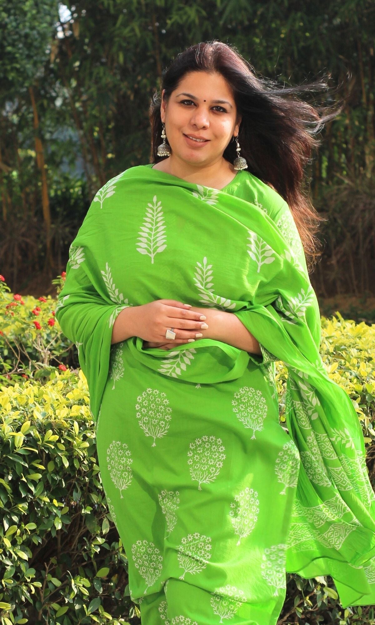Cotton Handblock Parrot Green Oval Tree Suit with Mul Cotton Printed Dupatta - Baareeki