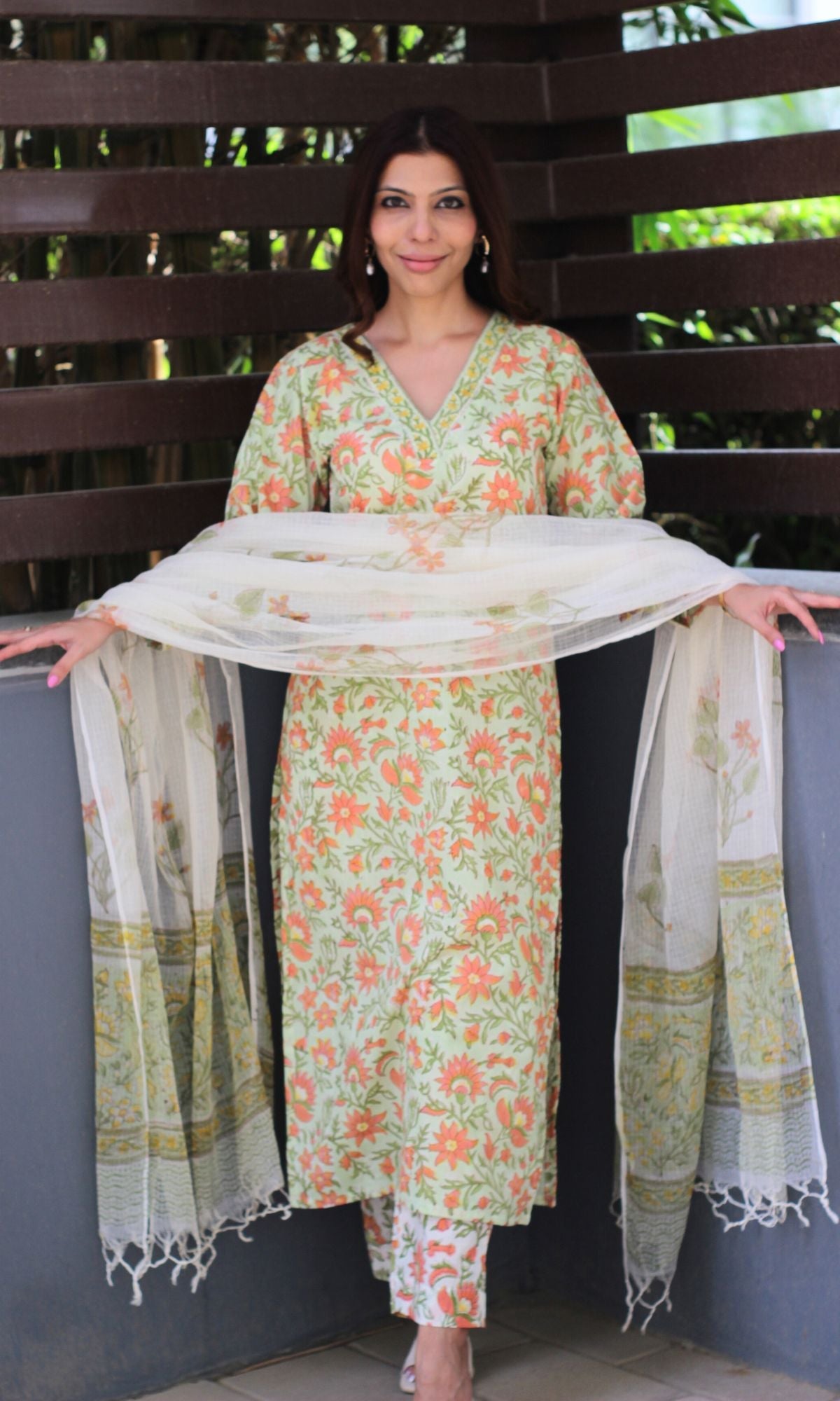 Cotton Handblock Print Green & Peach Suit with Kota Doria Handblock dupatta - Baareeki