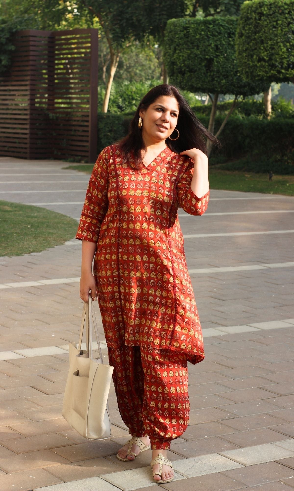Cotton Handblock Red Kalamkari Print A line Kurta & Pathani Pants - Baareeki