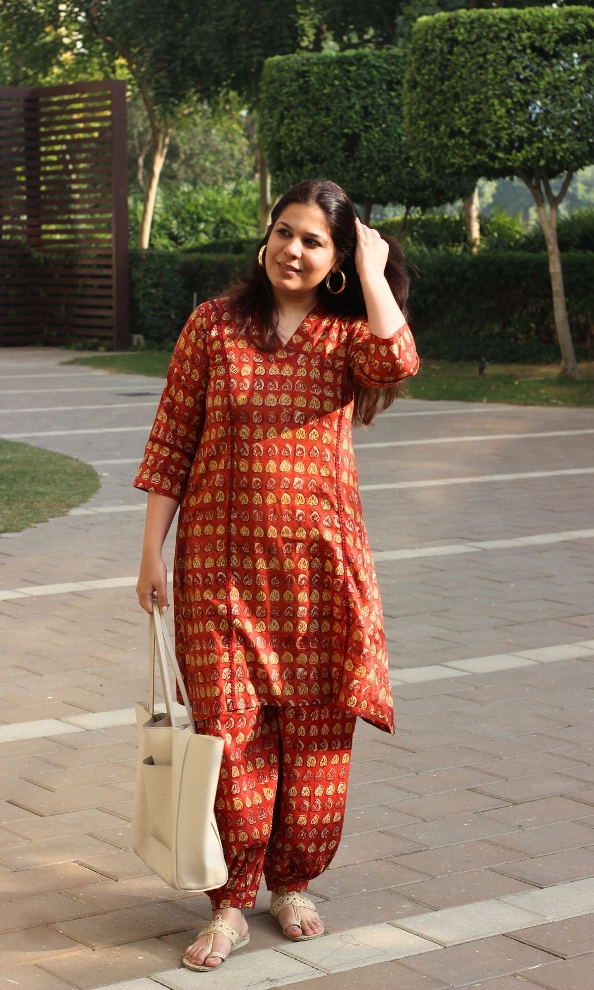 Cotton Handblock Red Kalamkari Print A line Kurta & Pathani Pants - Baareeki