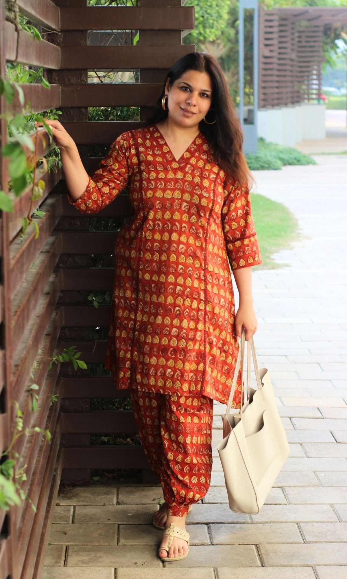 Cotton Handblock Red Kalamkari Print A line Kurta & Pathani Pants - Baareeki