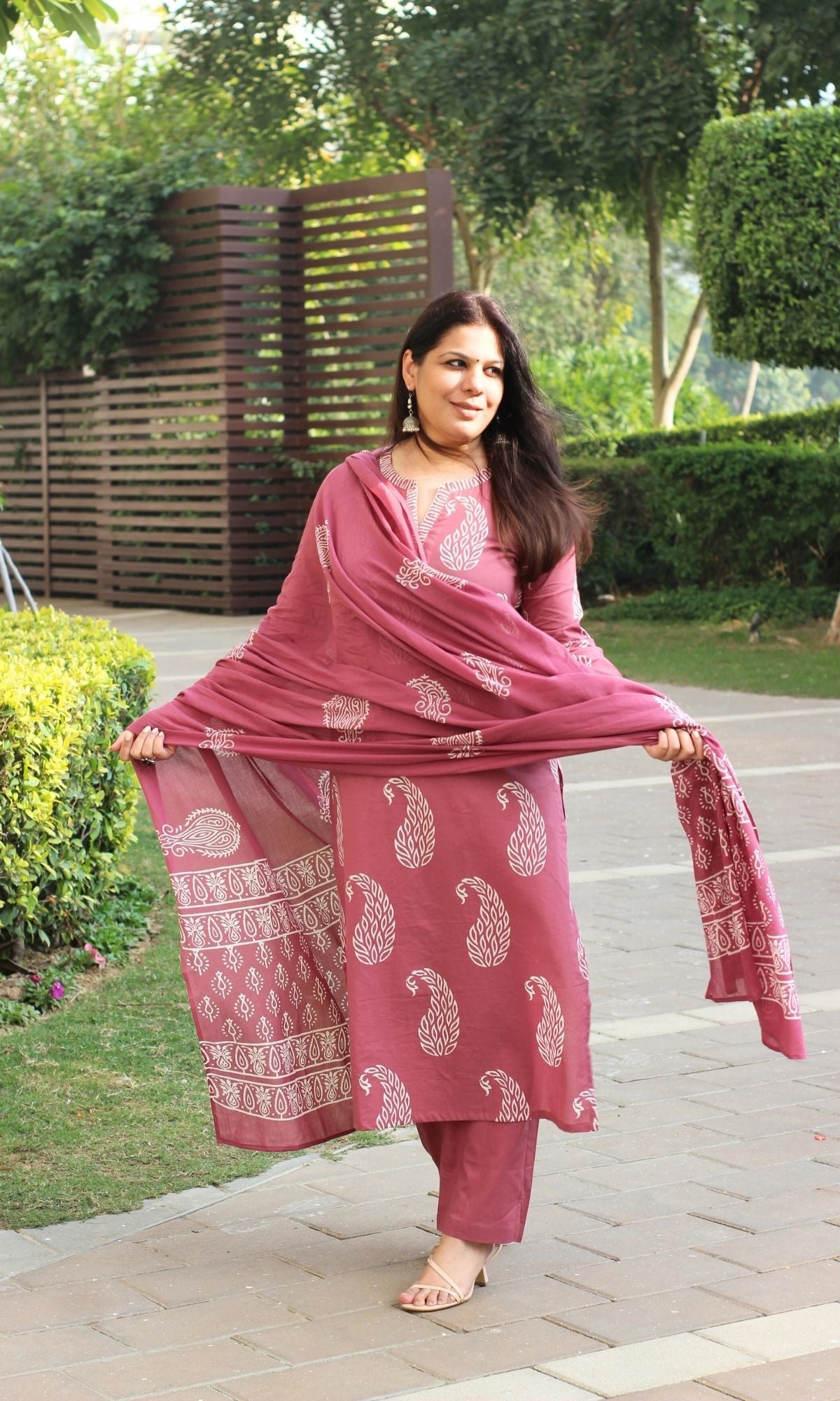 Cotton Handblock Rust Paisley Print Suit With Cotton Printed Dupatta - Baareeki