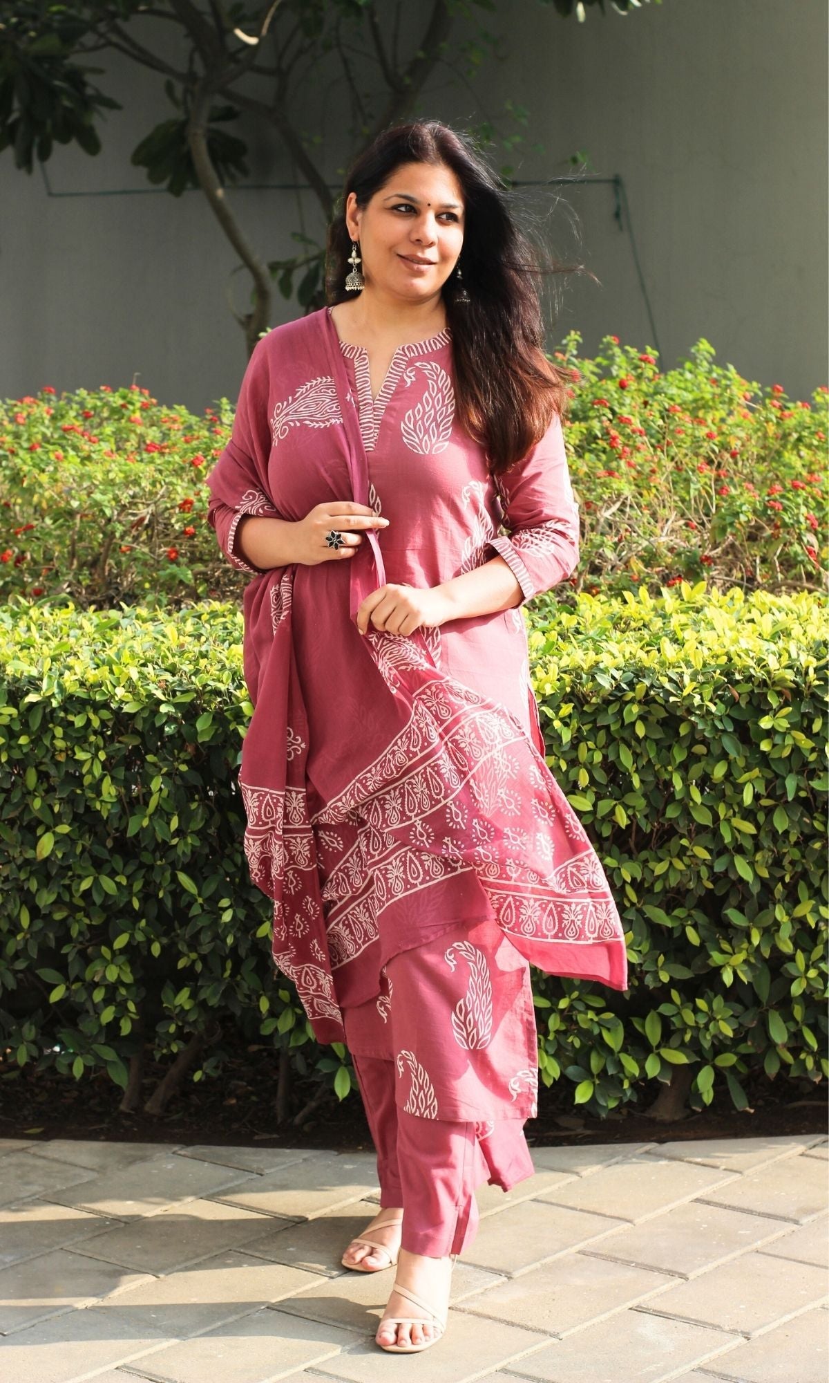 Cotton Handblock Rust Paisley Print Suit With Cotton Printed Dupatta - Baareeki