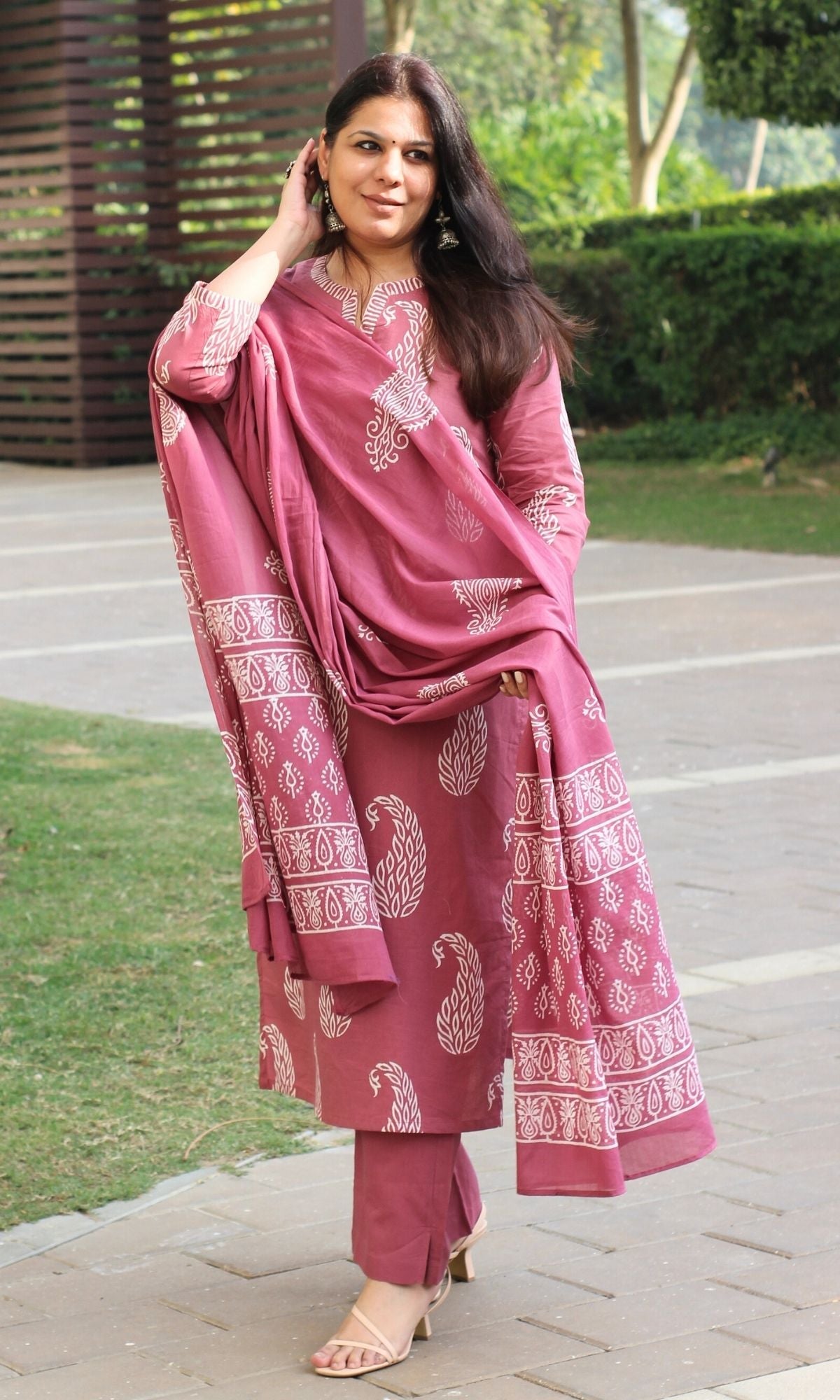 Cotton Handblock Rust Paisley Print Suit With Cotton Printed Dupatta - Baareeki