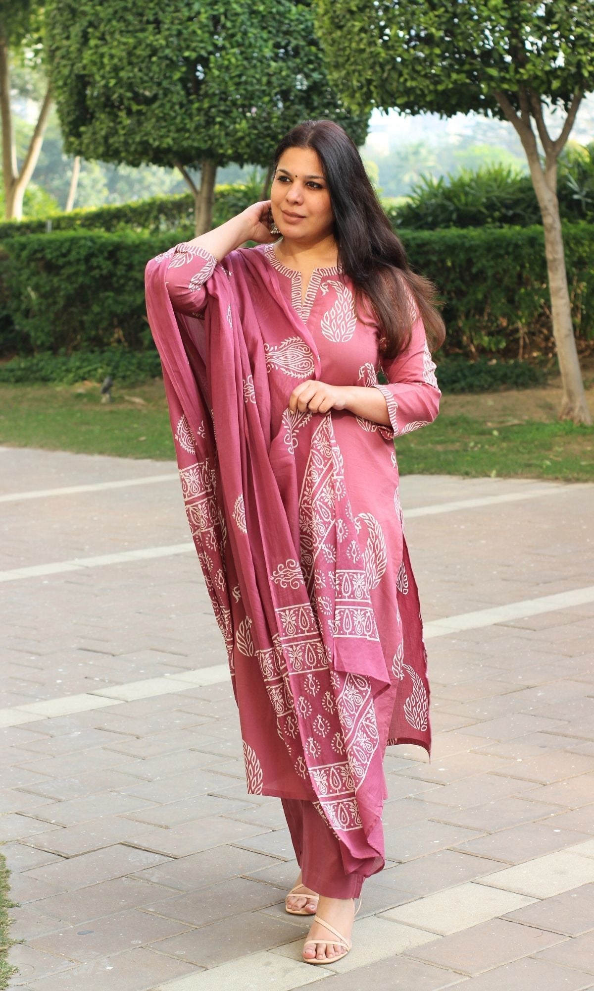 Cotton Handblock Rust Paisley Print Suit With Cotton Printed Dupatta - Baareeki