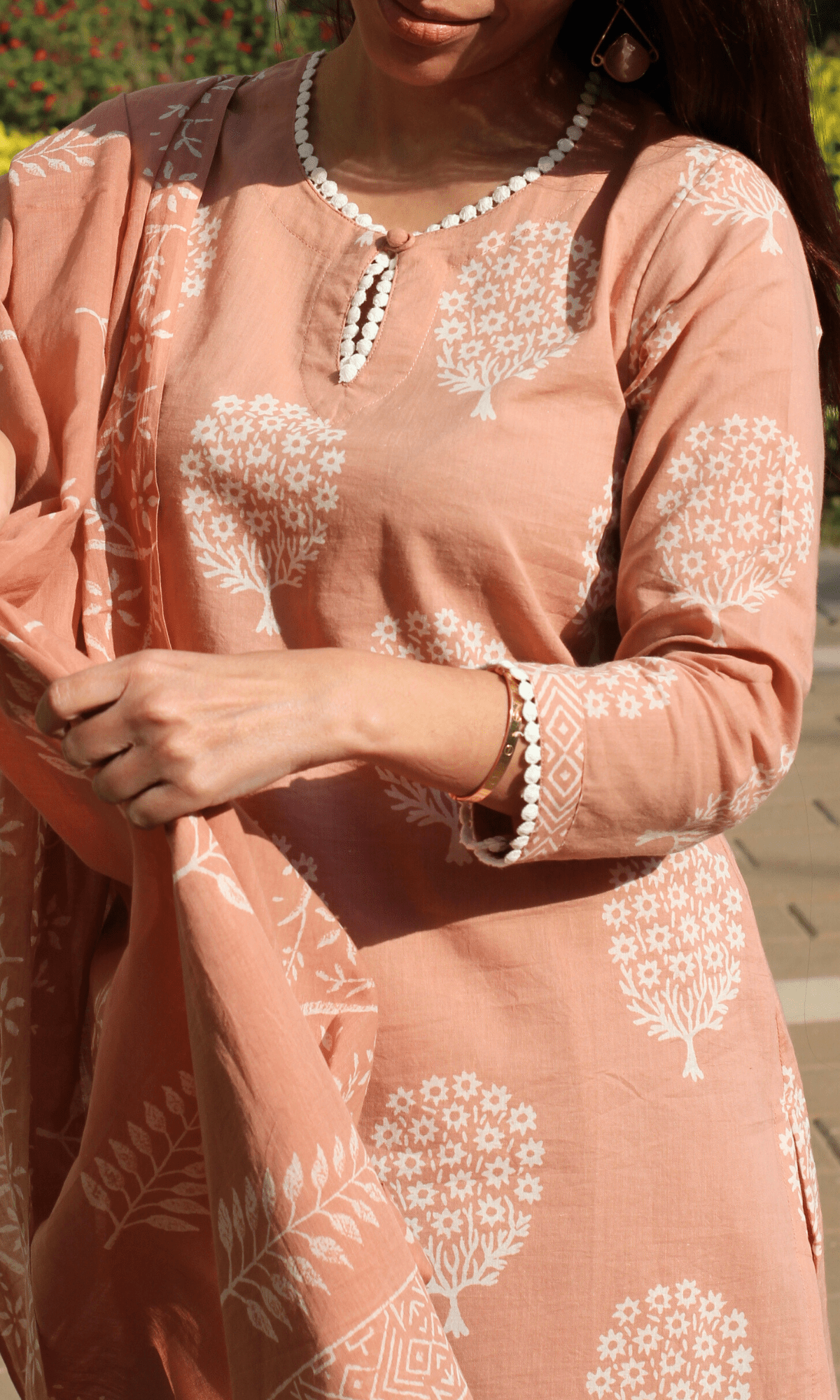 Cotton Handblock Salmon Mughal Print Suit with Cotton Handblock Printed Dupatta - Baareeki