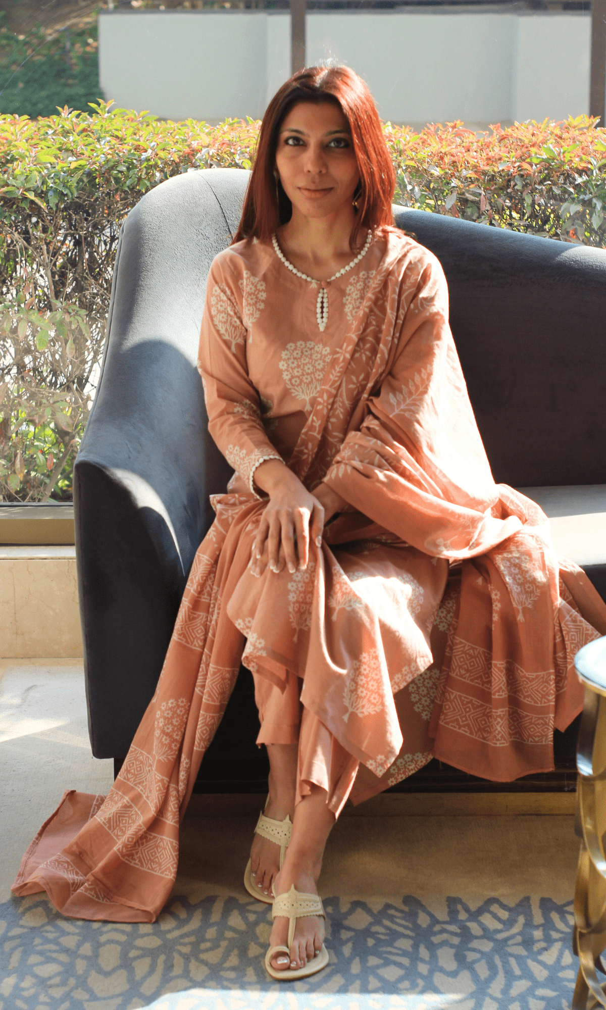 Cotton Handblock Salmon Mughal Print Suit with Cotton Handblock Printed Dupatta - Baareeki