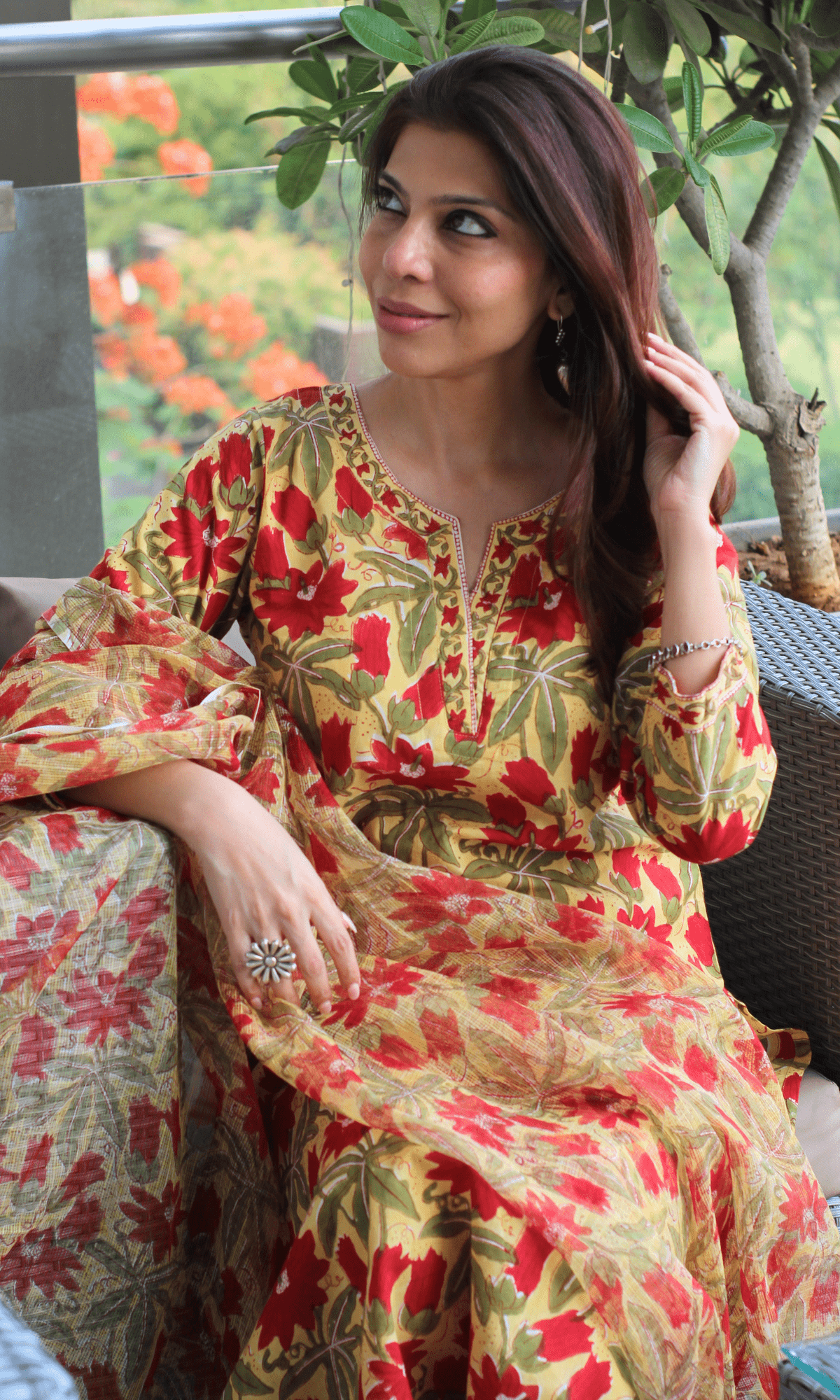 Cotton Handblock Yellow and Red flowers Suit Set with Kota Doria Dupatta - Baareeki