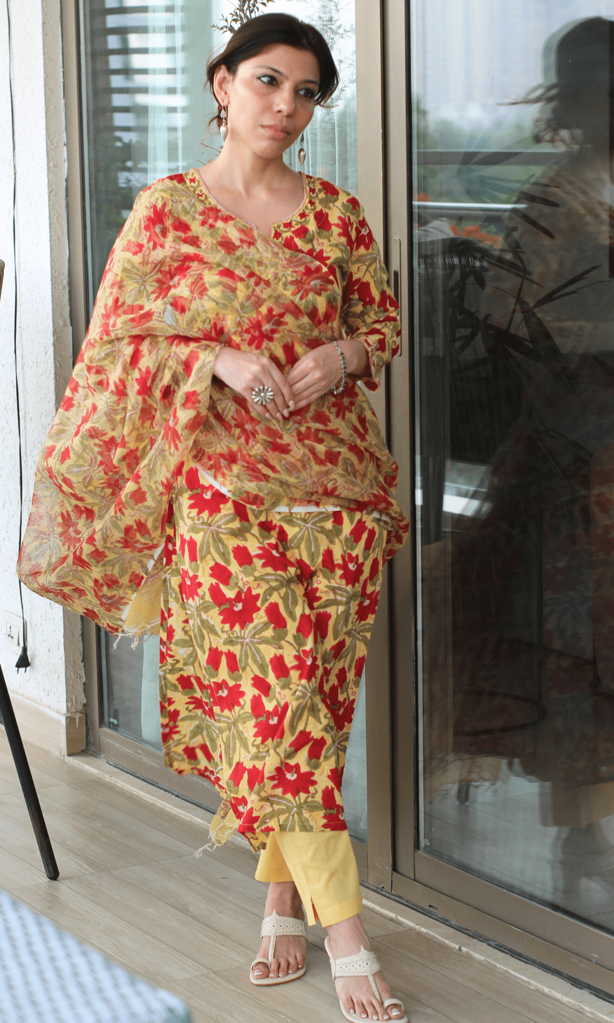 Cotton Handblock Yellow and Red flowers Suit Set with Kota Doria Dupatta - Baareeki