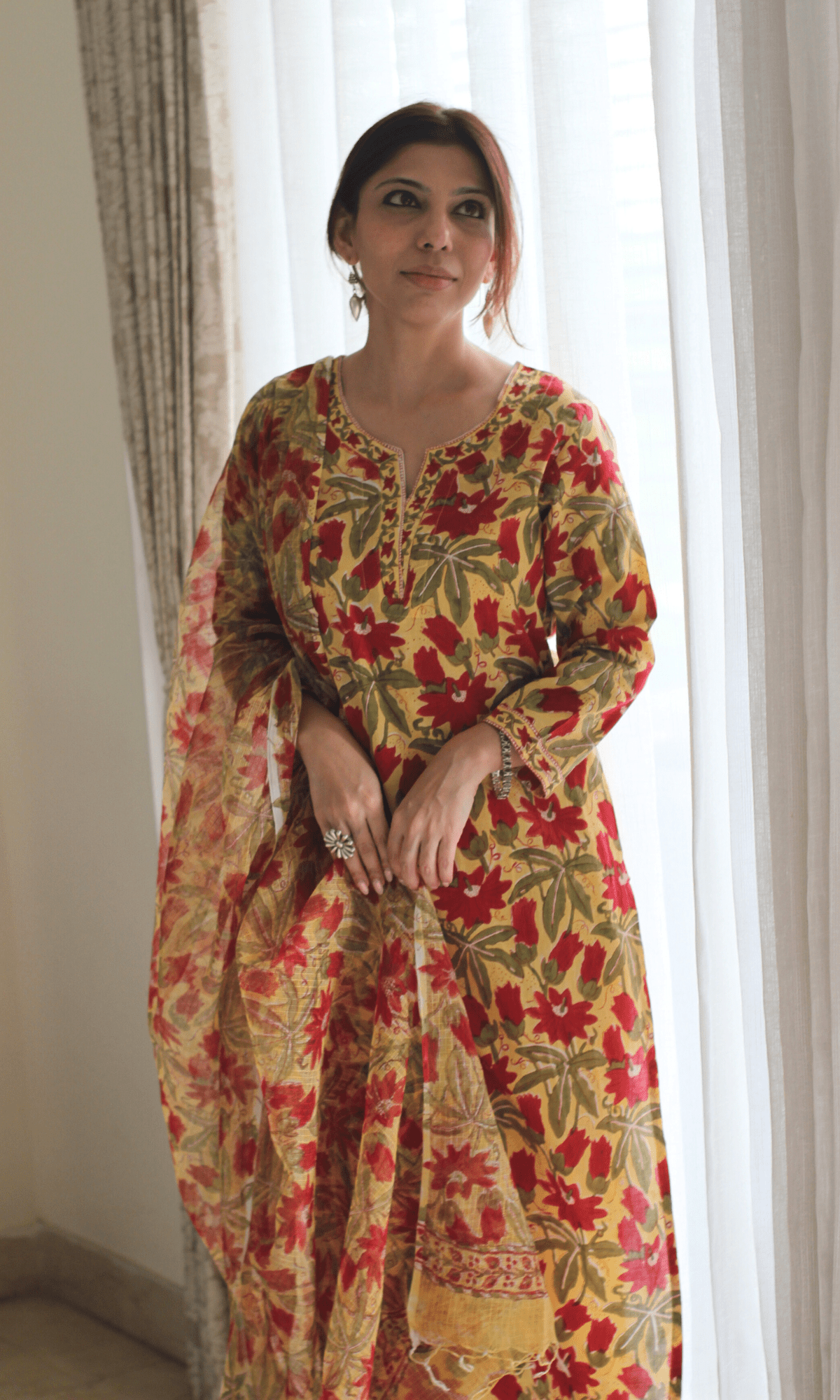 Cotton Handblock Yellow and Red flowers Suit Set with Kota Doria Dupatta - Baareeki