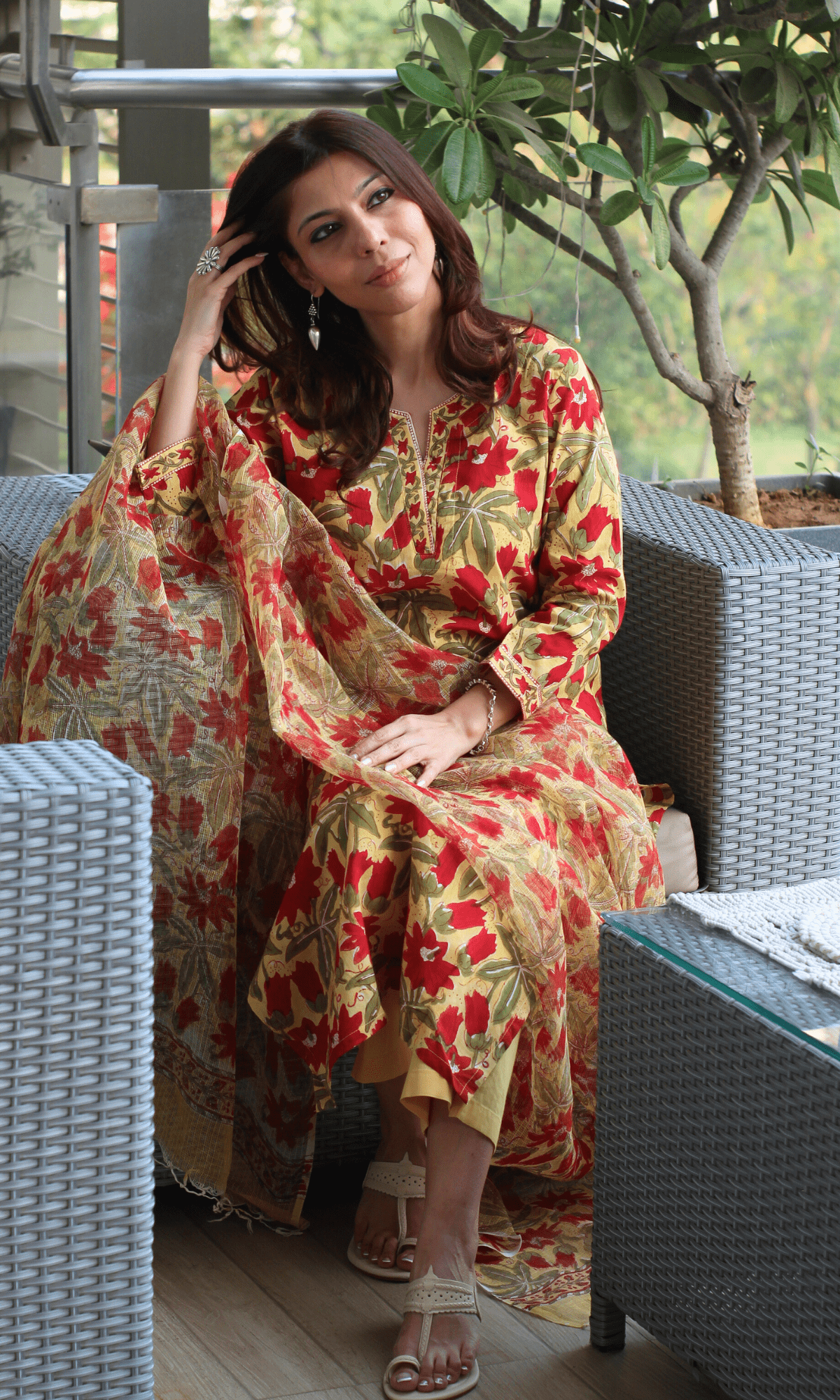 Cotton Handblock Yellow and Red flowers Suit Set with Kota Doria Dupatta - Baareeki