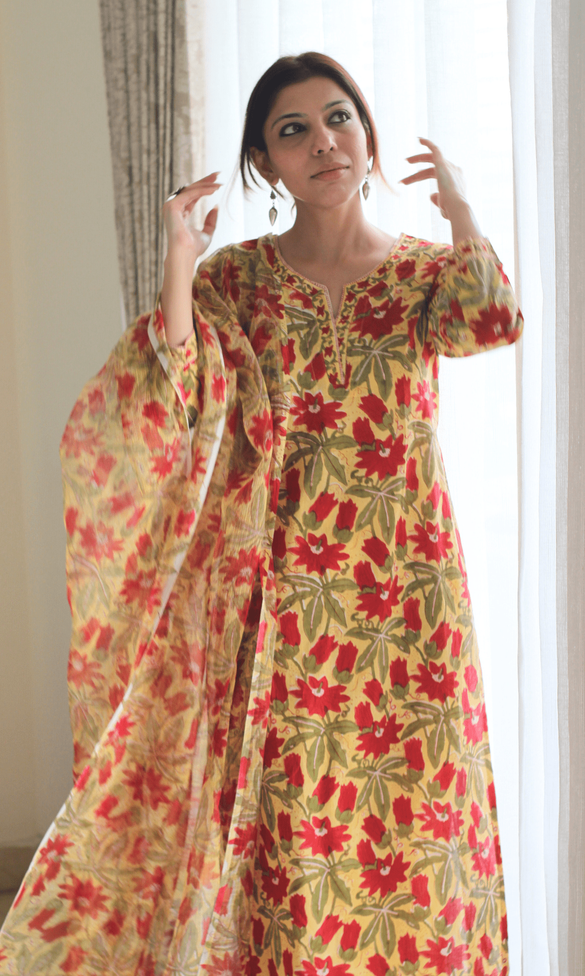 Cotton Handblock Yellow and Red flowers Suit Set with Kota Doria Dupatta - Baareeki