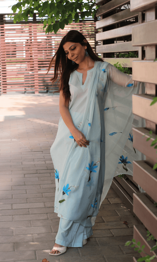 Cotton Ice Blue Handbrush Painted Sleeveless Kurta, Palazzo & Haindpainted Chiffon Dupatta - Baareeki