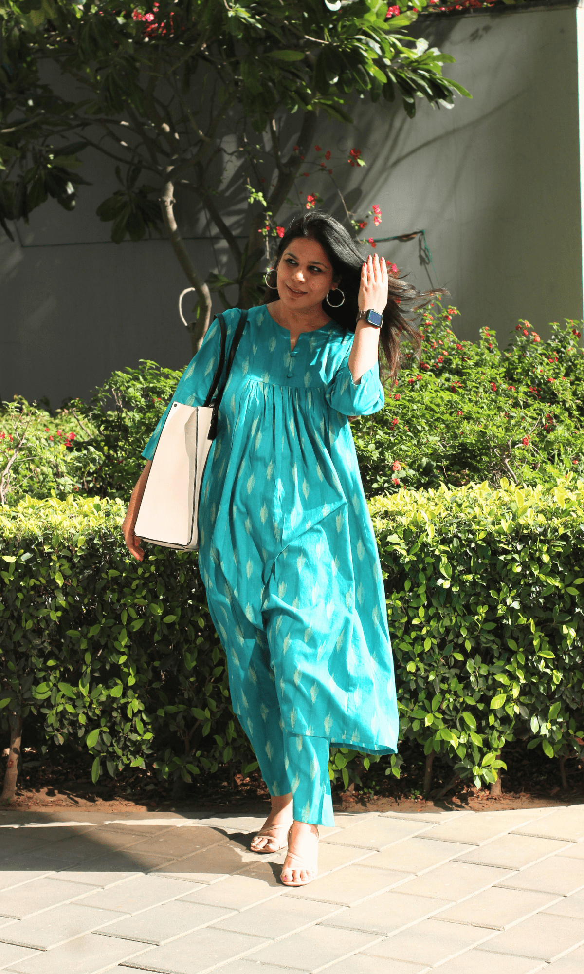 Cotton Ikkat Aqua Pleated Co - ord - Baareeki