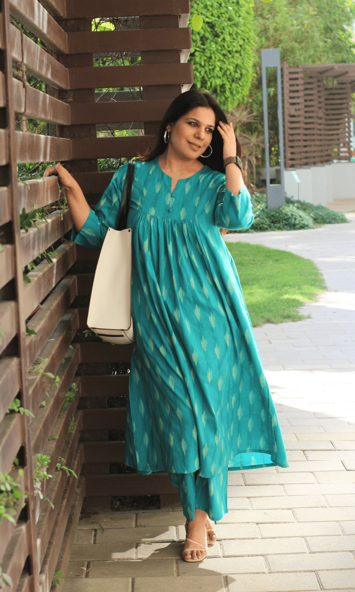 Cotton Ikkat Aqua Pleated Co - ord - Baareeki
