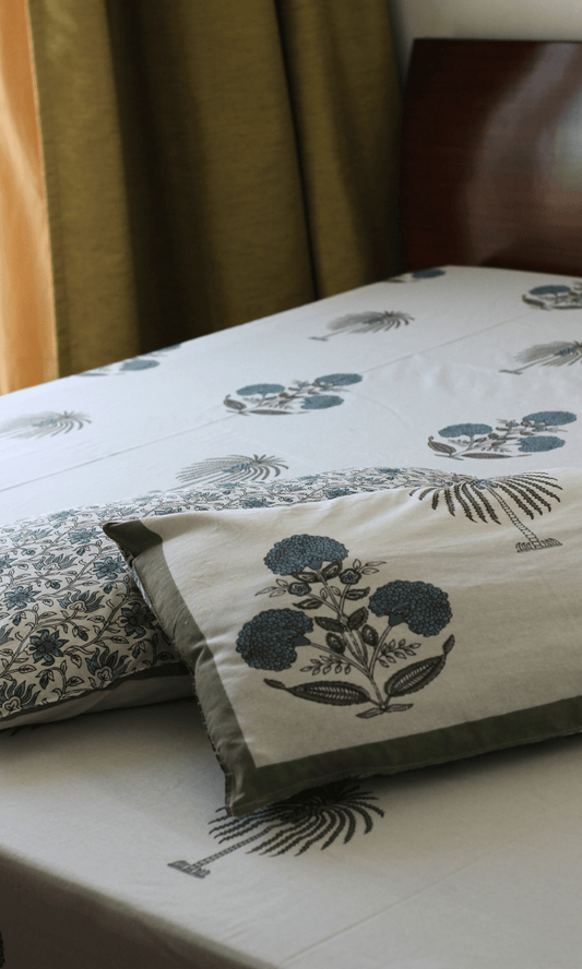 Cotton Indigo Bloom Mughal Print King Size Bedsheet with 2 Pillow Covers - Baareeki